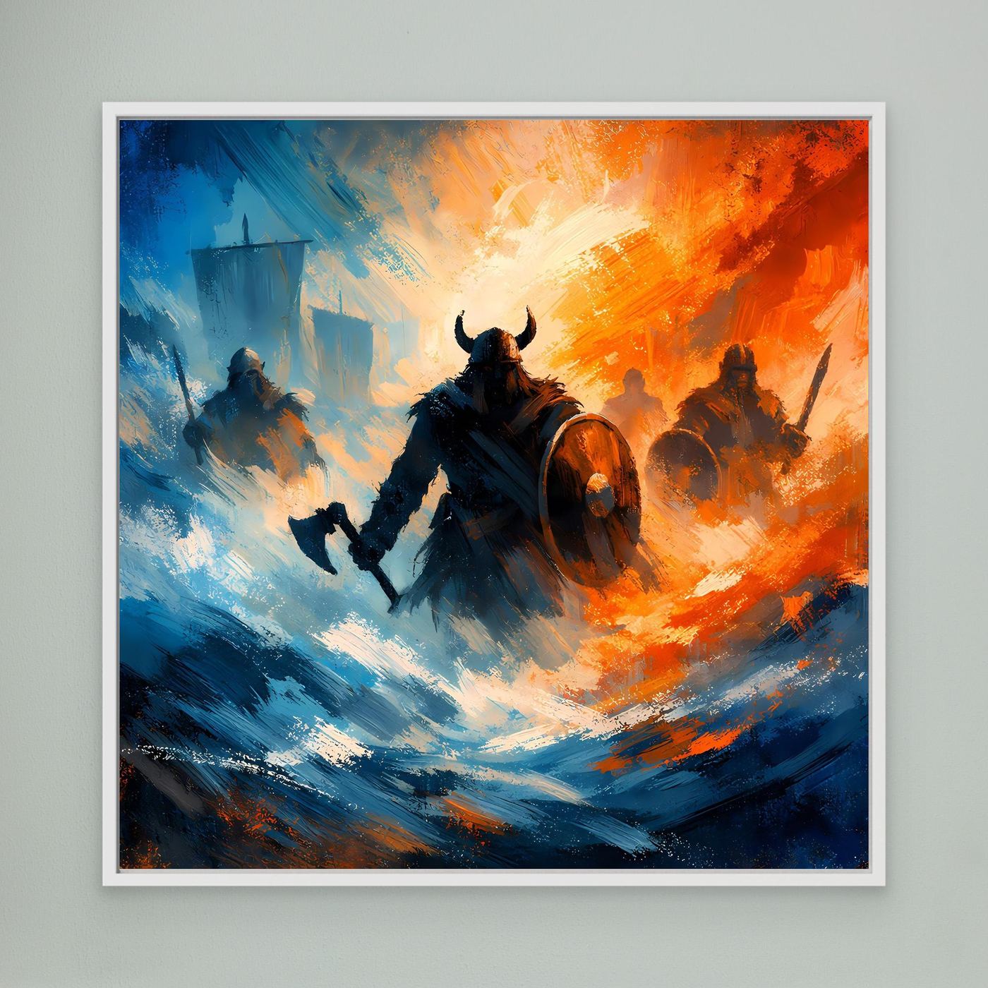Wandbild mit Wikinger-Kriegern im Sturm, Blau-Orange, mit weißem Rahmen