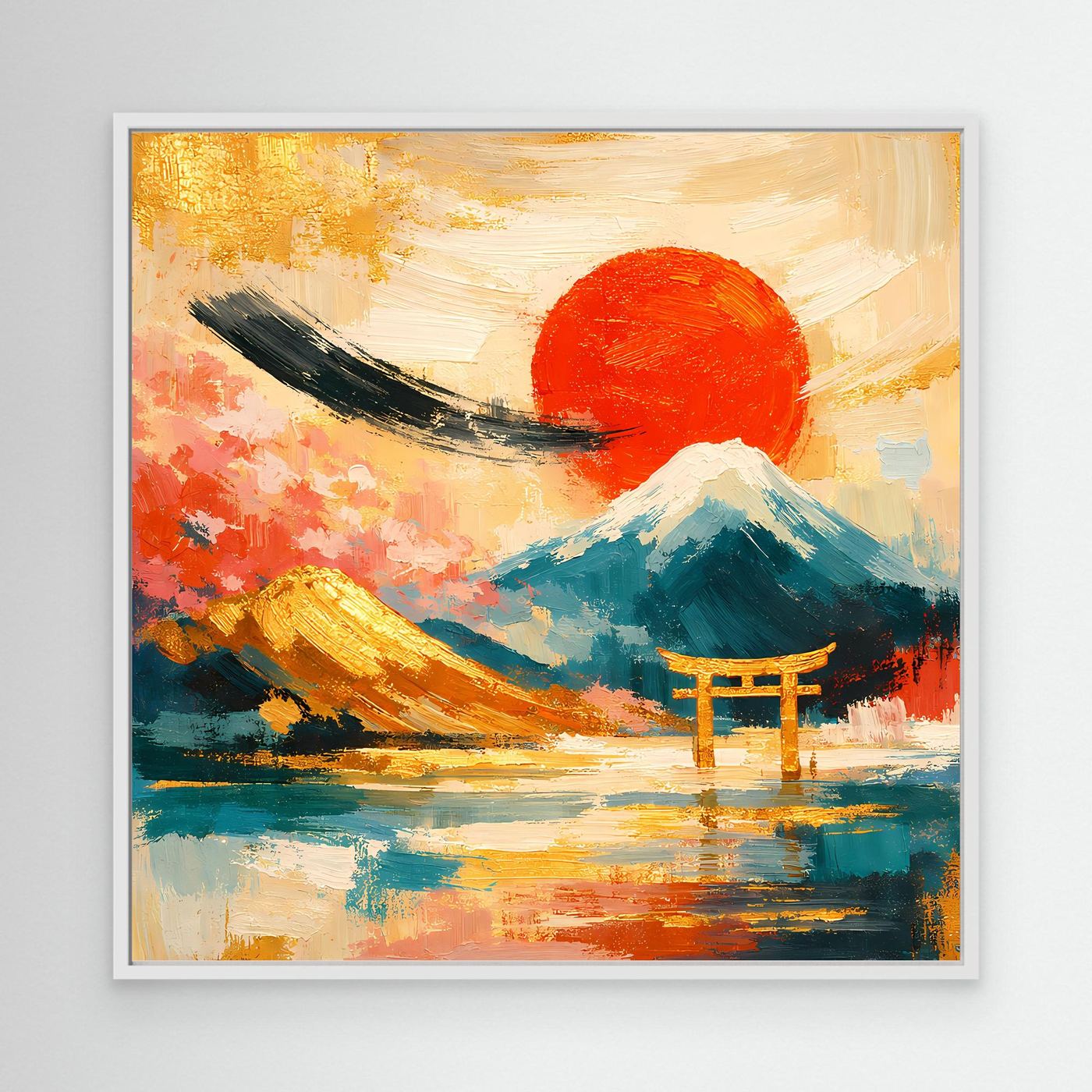 Leinwandbild mit Torii-Tor, Fuji und roter Sonne, weißer Rahmen