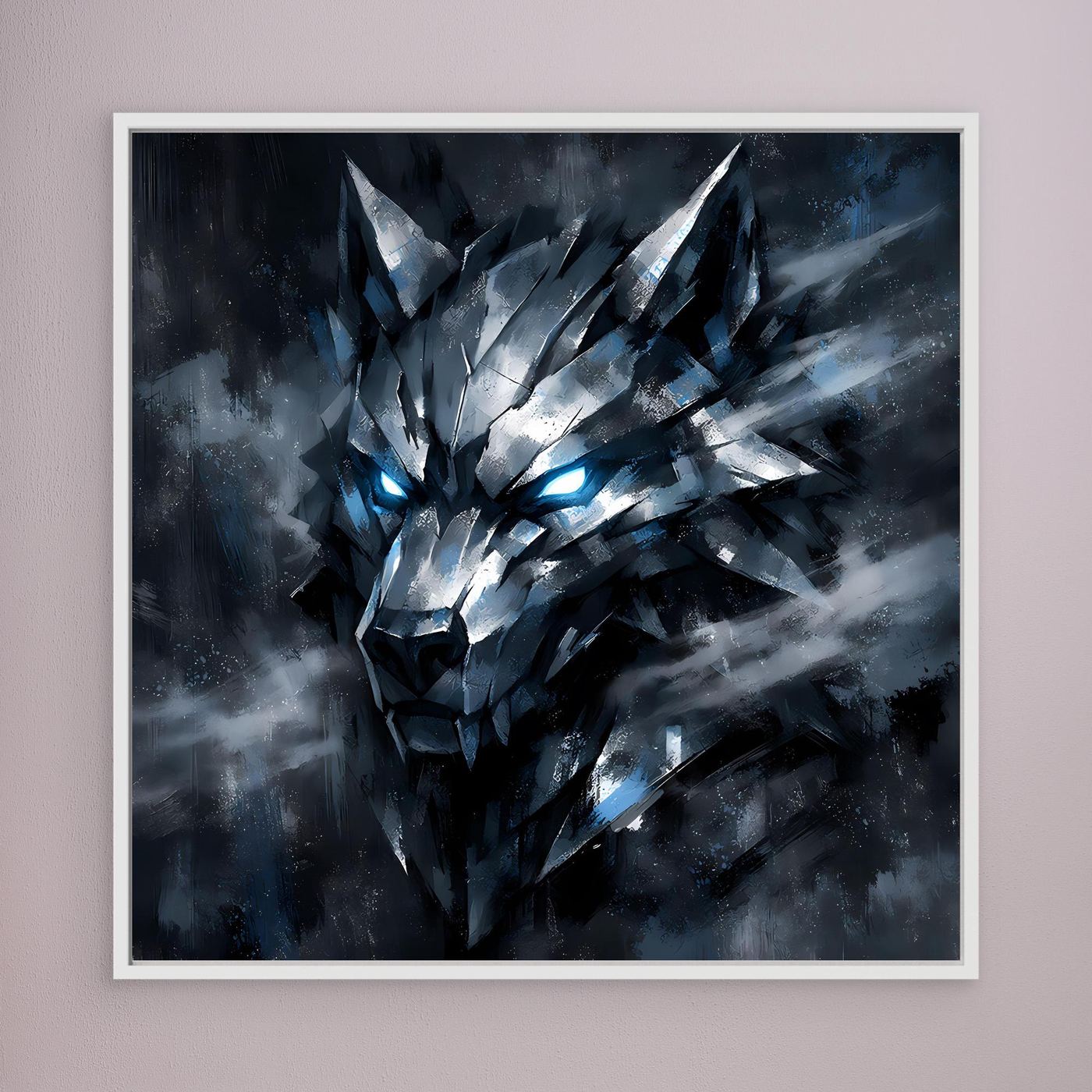 Wandbild mit geometrischem Wolf, blau leuchtende Augen, weißer Rahmen