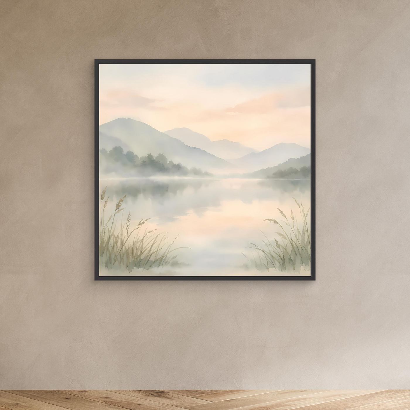 Leinwandbild nebliger Bergsee im Aquarellstil mit schwarzem Rahmen, nebliger See