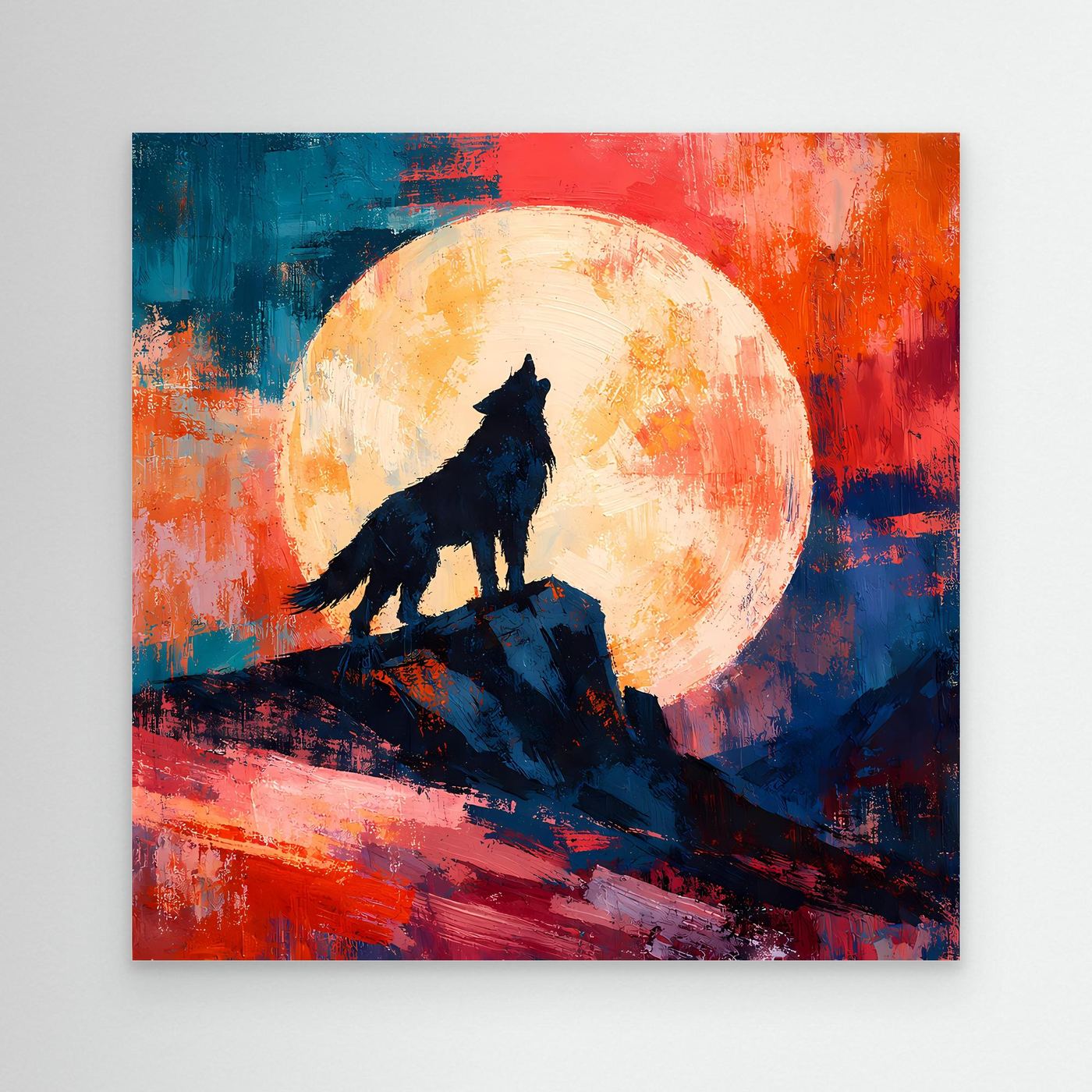 Leinwand Abstraktes Wolf Gemälde | Modernes Mystisches Wandbild Heulender Wolf Vollmond