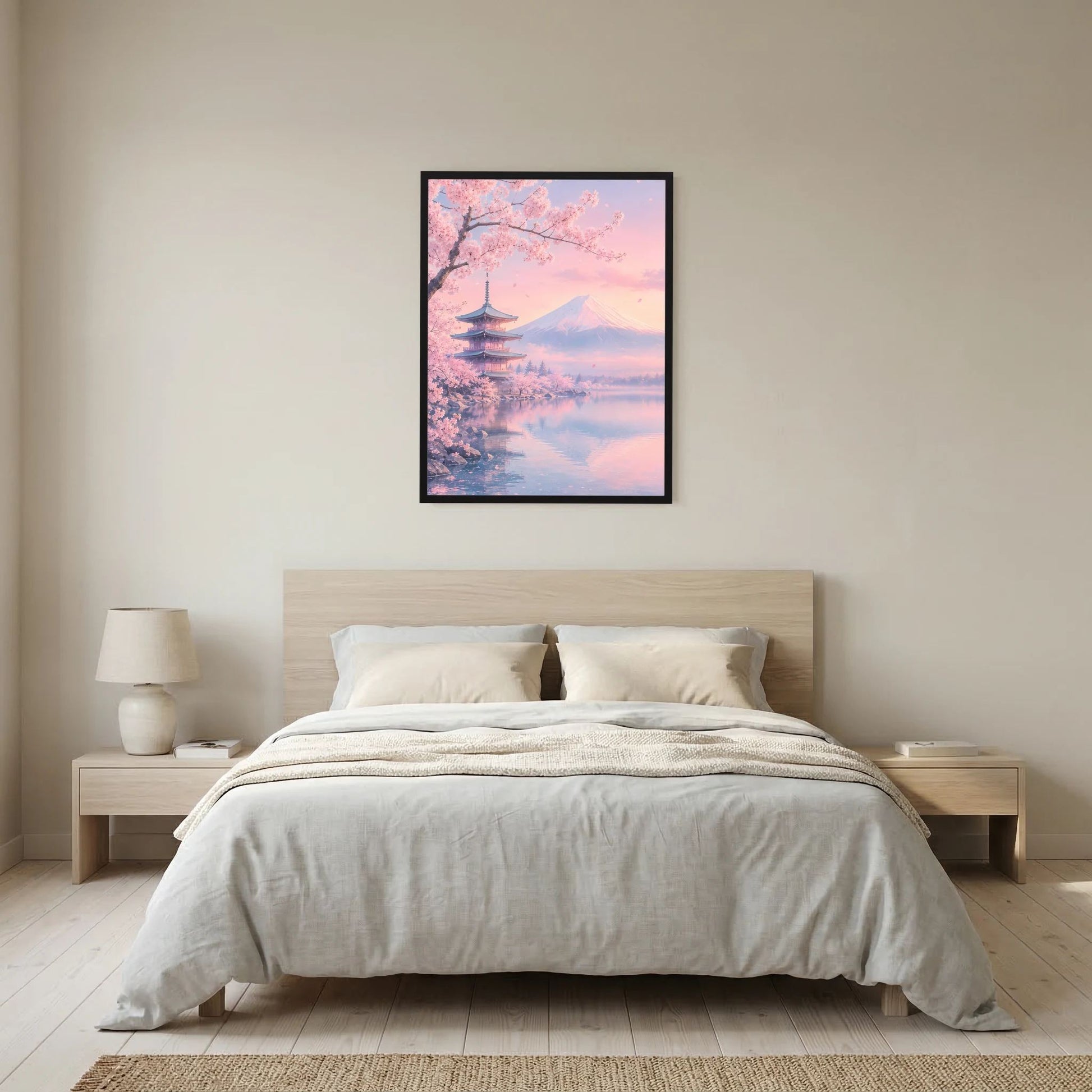 Hochformat-Poster mit Kirschblüten, Fuji und Pagode in Pastellrosa, im schwarzen Rahmen