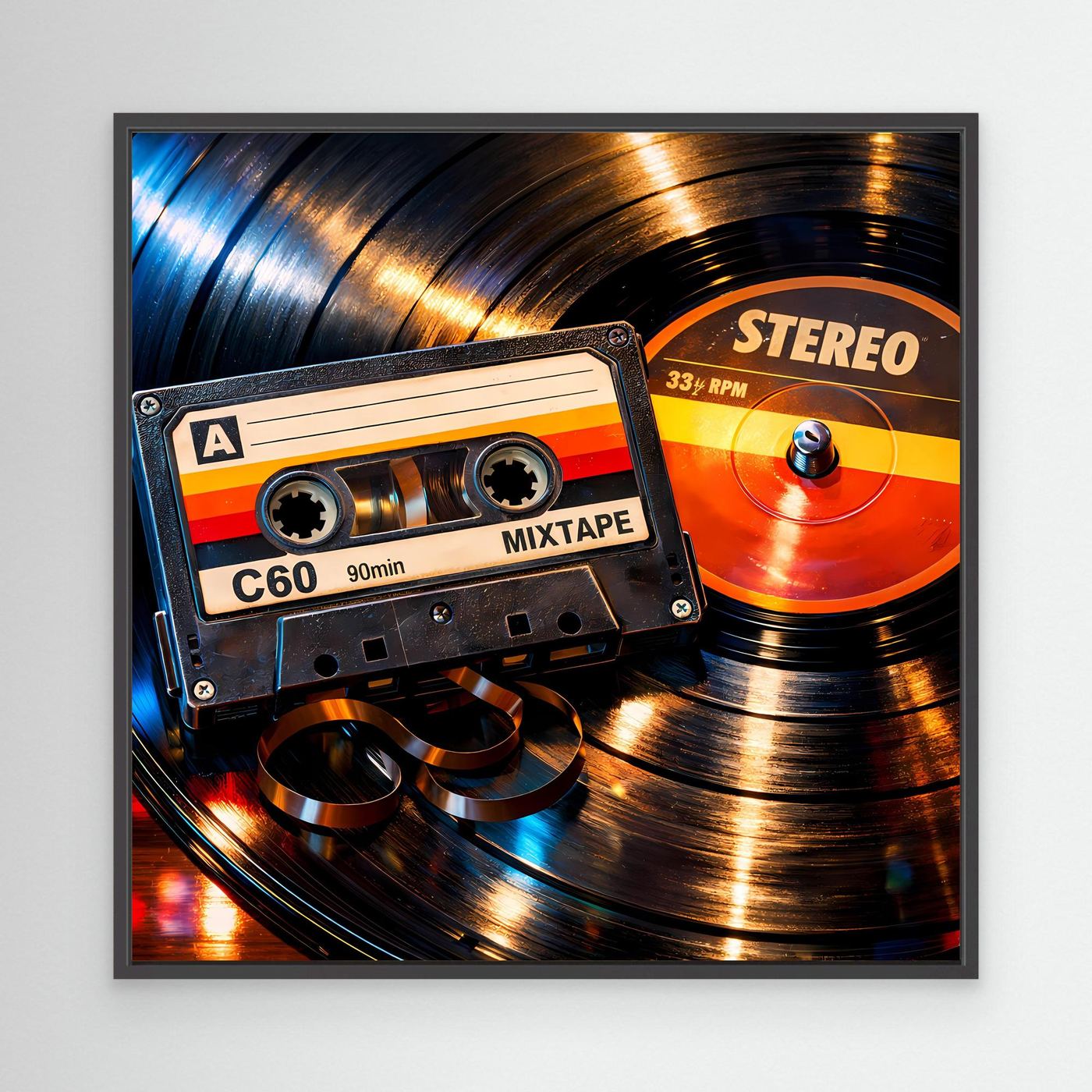Leinwandbild mit Retro-Mix Tape und Schallplatte, orange/blau, schwarzer Rahmen