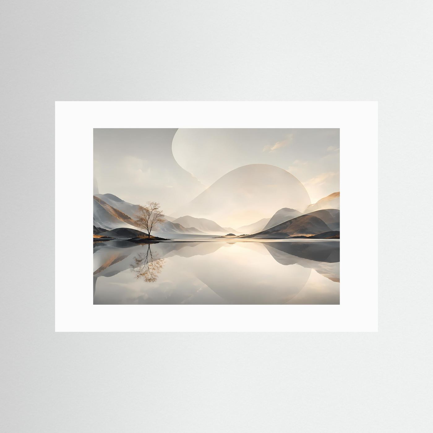 Minimalistische Berglandschaft Poster | Abstrakte Natur Landschaft Wandbild | Spiegelnder See | Modernes Panorama | Premium Leinwand Wall Art