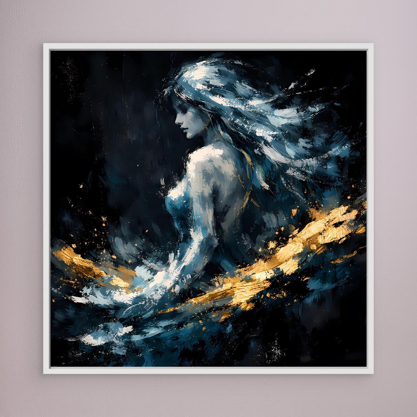Leinwand Mystische Frauen-Figur in Blau und Gold | Modernes Abstraktes Fantasie Wandbild