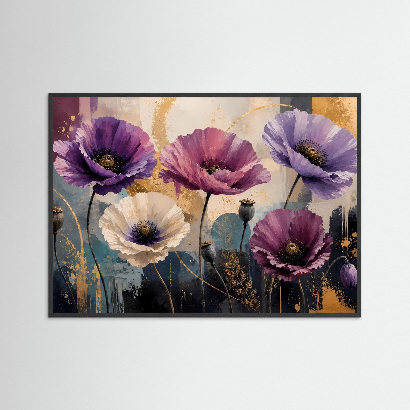 Abstrakte Mohnblumen-Leinwandkunst im Querformat mit schwarzem Rahmen