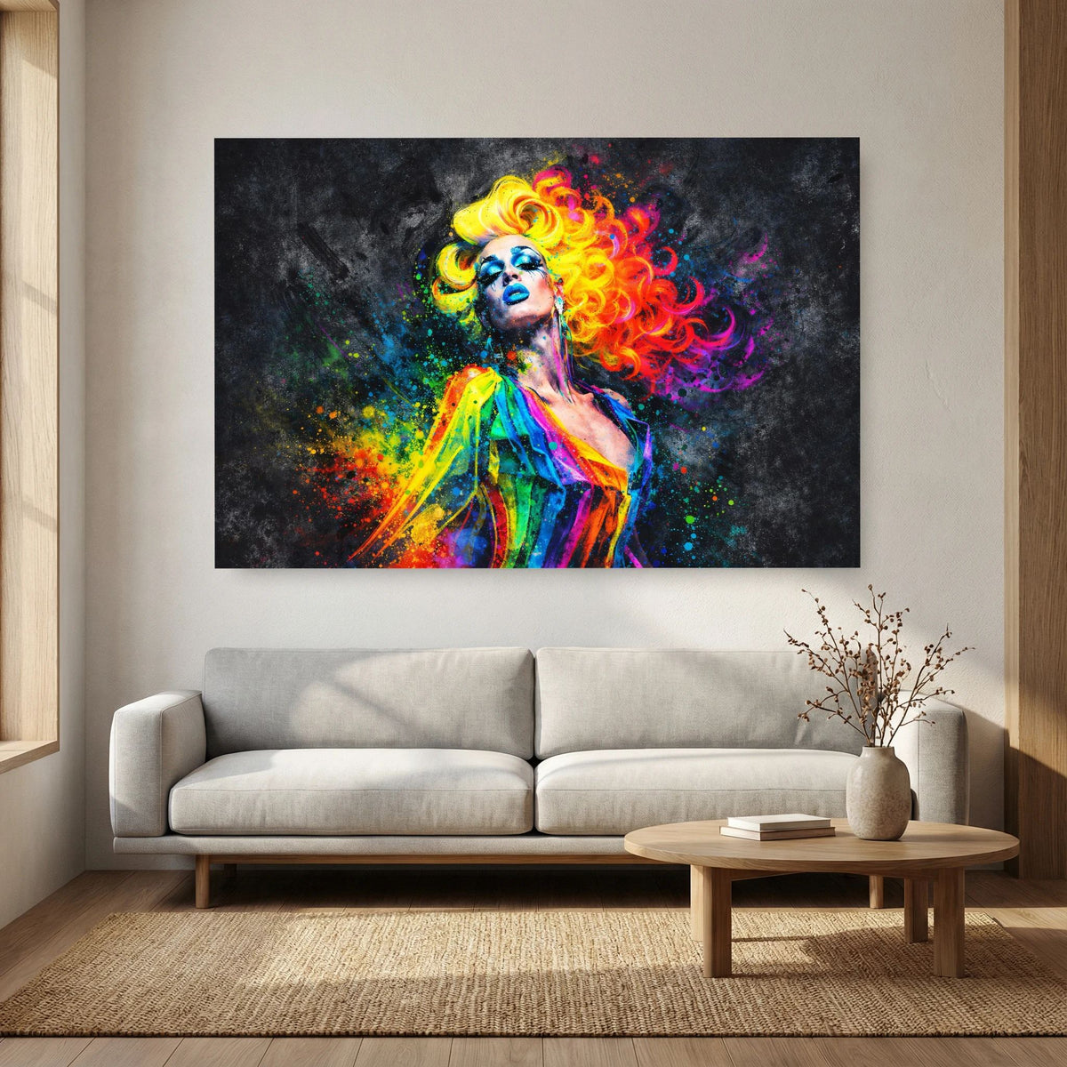 Pop-Art-Wandbild: Porträt einer Frau mit leuchtend buntem Haar, abstrakter Farbauftrag
