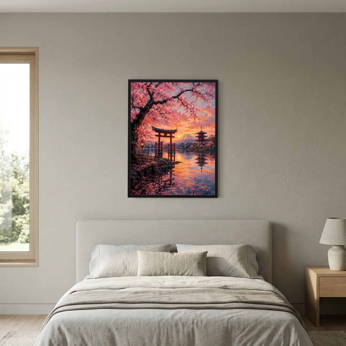 Japanisches Hochformat-Poster: Torii-Linie am Wasser, Kirschblüten und Fuji im Sonnenuntergang, schwarzer Rahmen.