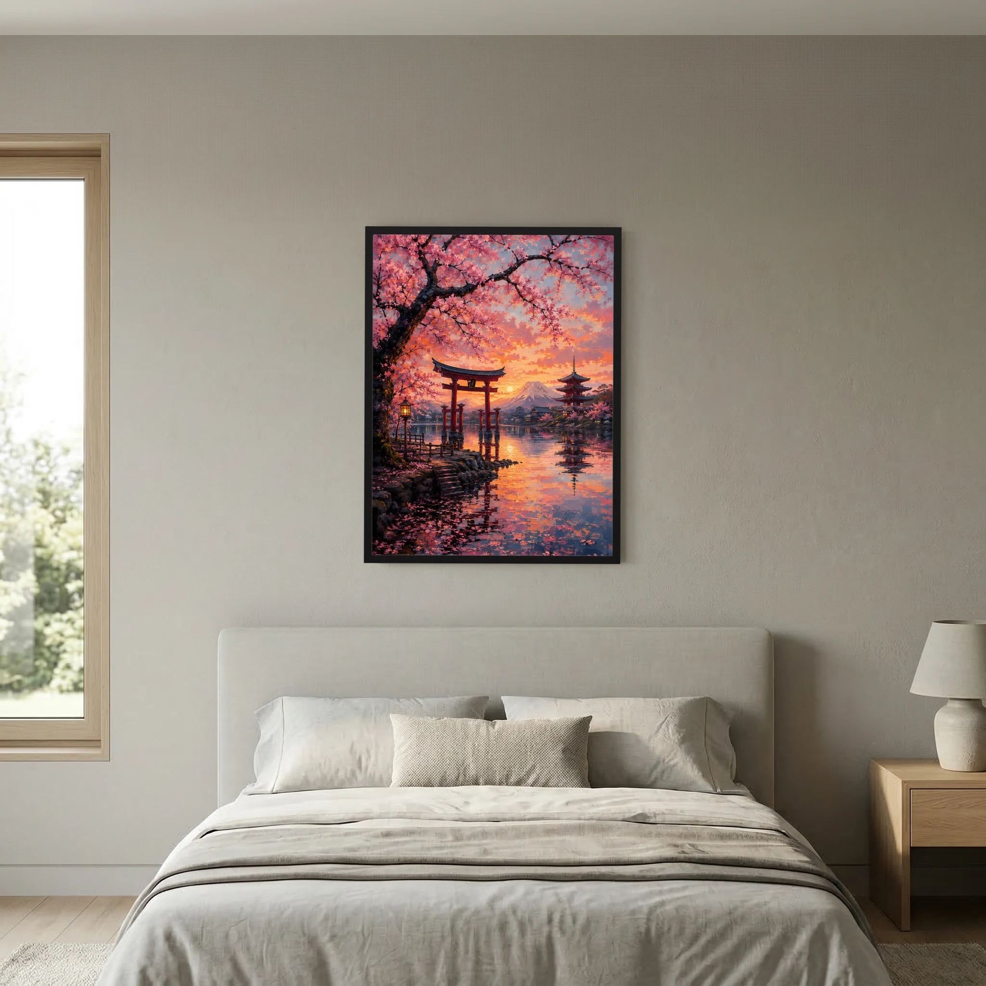Japanisches Hochformat-Poster: Torii-Linie am Wasser, Kirschblüten und Fuji im Sonnenuntergang, schwarzer Rahmen.