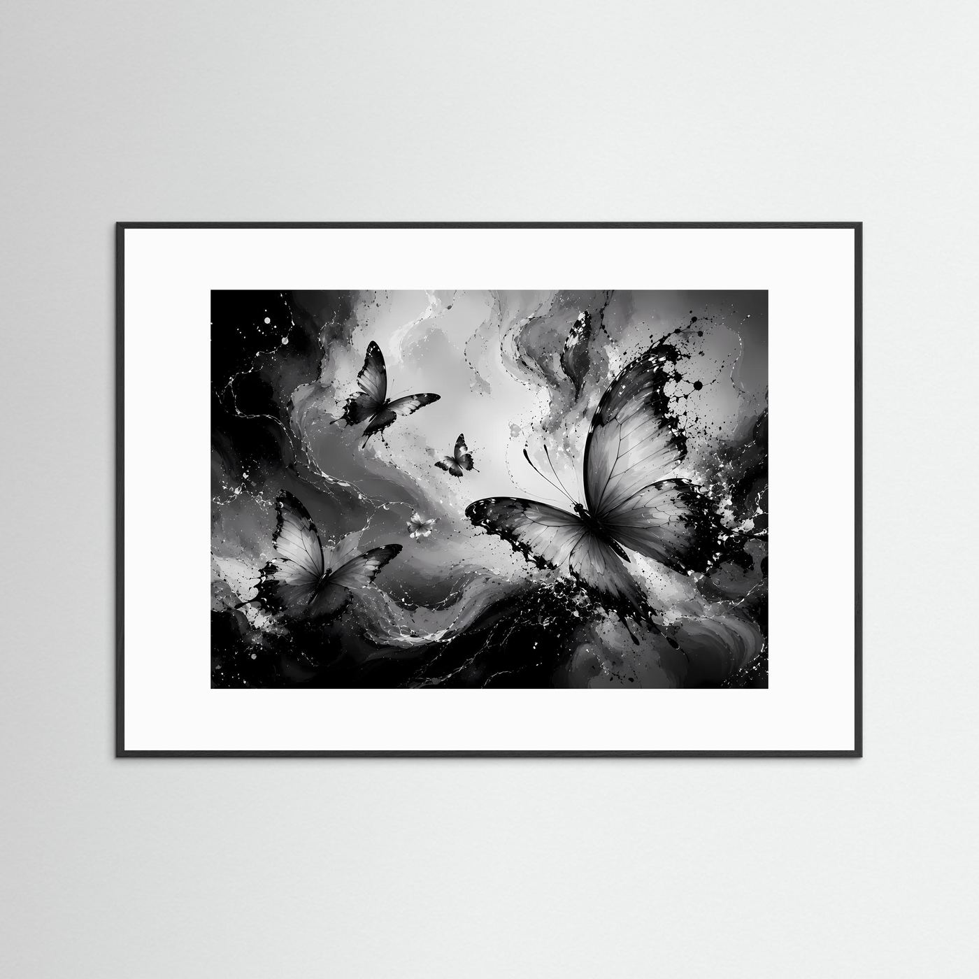 Schmetterlinge Schwarz Weiß Poster Querformat | Abstrakte Butterfly Wandkunst Modern | Monochrome Leinwandkunst