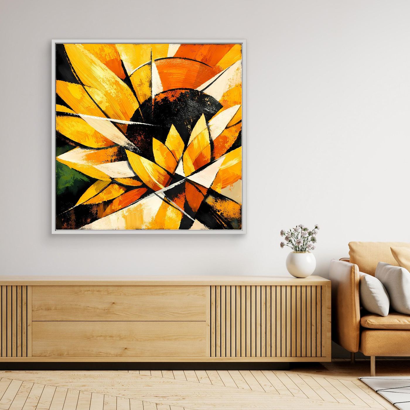 Gerahmtes Leinwandbild mit abstrakter Sonnenblume in Gelb, Orange und Schwarz