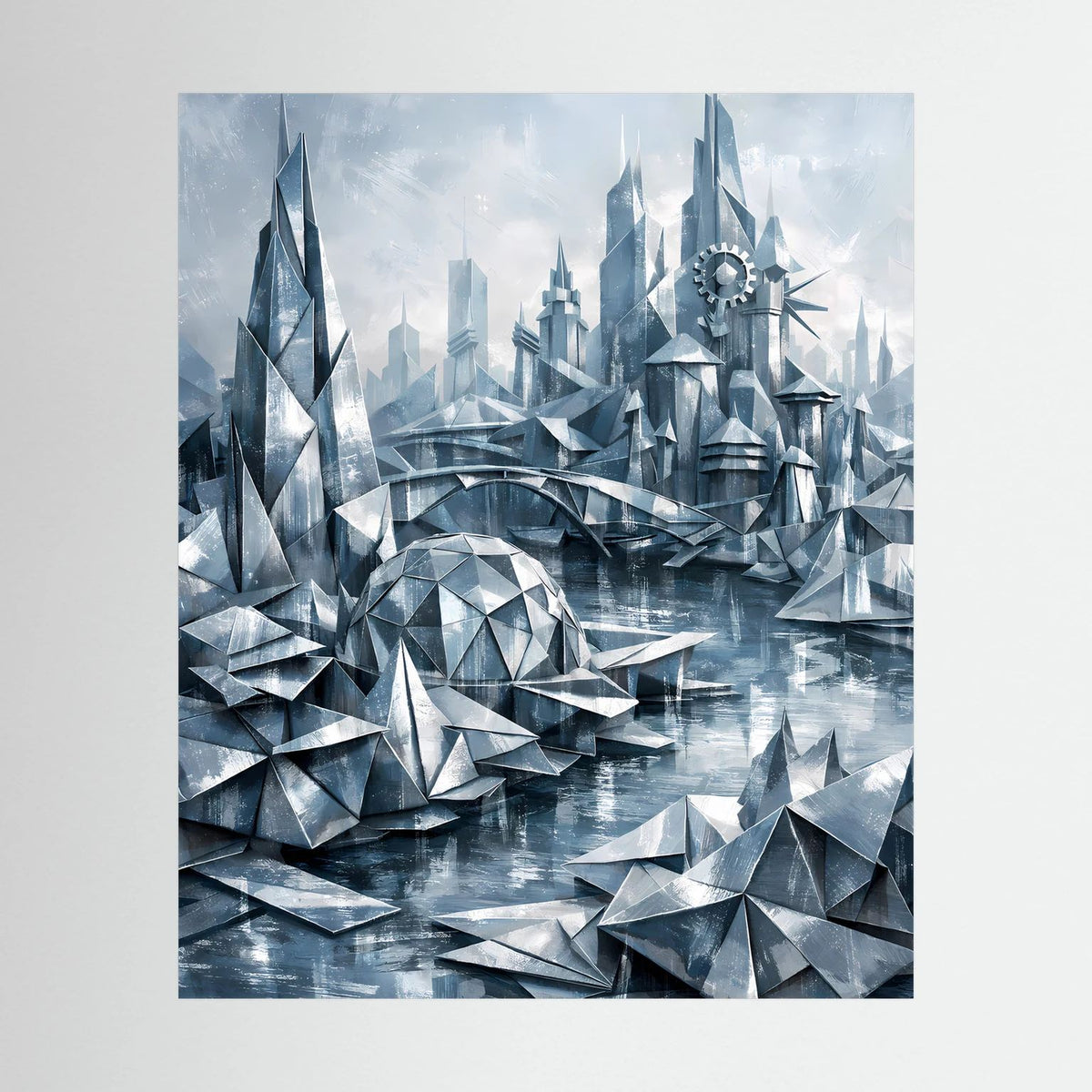 Hochformatiges Wandbild mit geometrischer Fantasy-Stadt in Silber und Blau