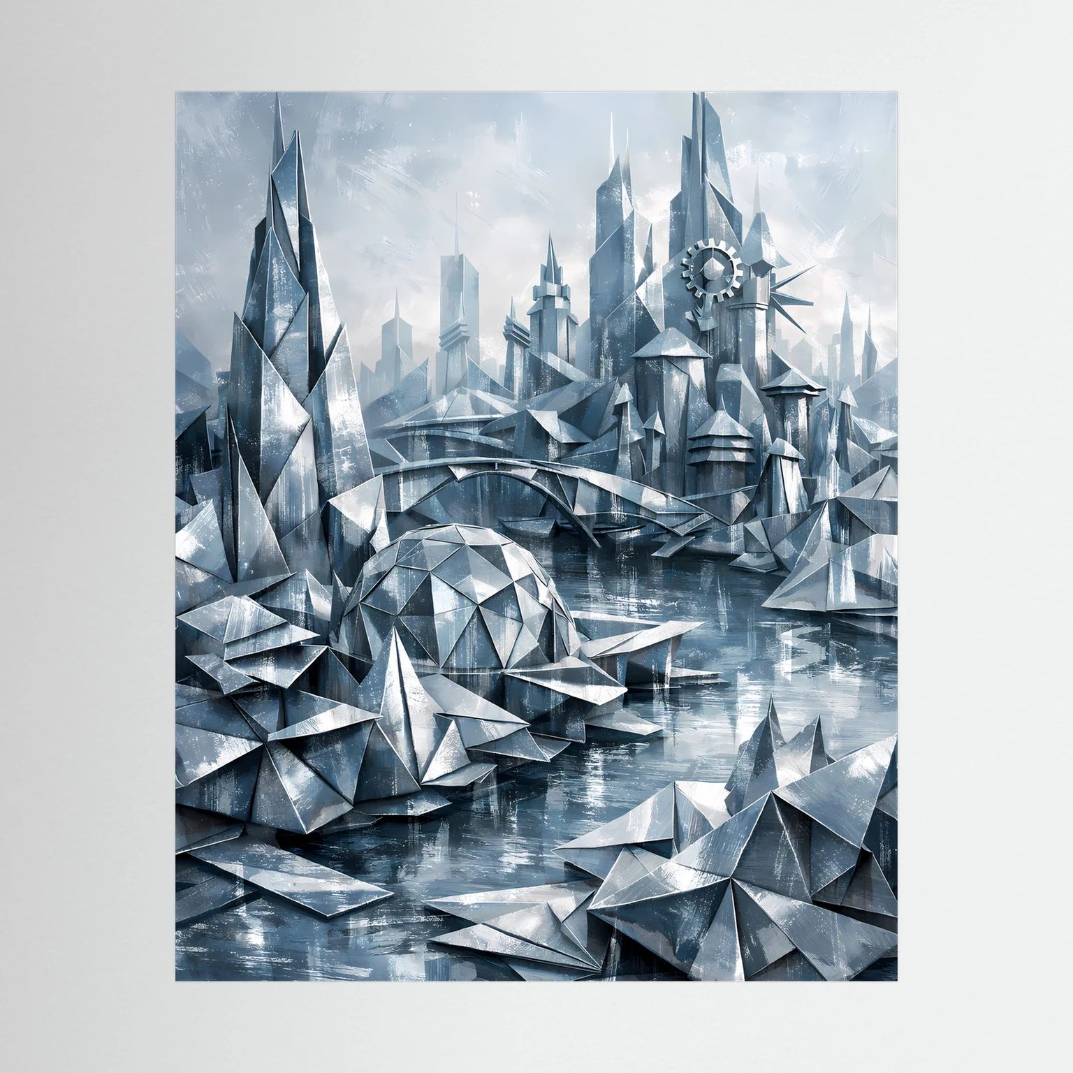 Hochformatiges Wandbild mit geometrischer Fantasy-Stadt in Silber und Blau