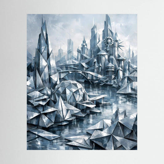 Hochformatiges Wandbild mit geometrischer Fantasy-Stadt in Silber und Blau