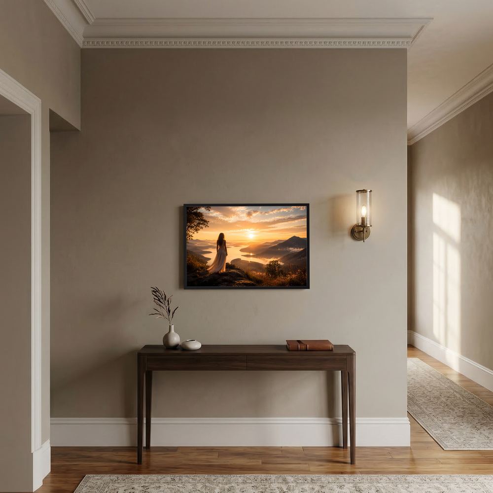 Querformat-Poster mit Rahmen: Frauensilhouette über See und Berglandschaft im Sonnenuntergang