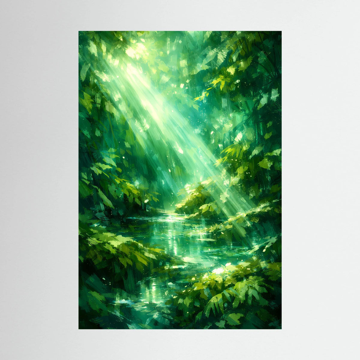 Hochformat-Poster mit grünem Waldsee und Sonnenstrahlen, ohne Rahmen