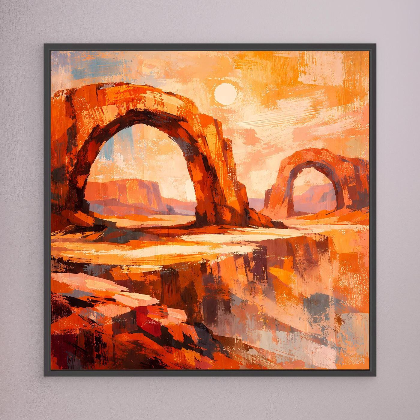 Wandbild mit abstraktem Wüstenbogen, orange-roten Pinselstrichen und schwarzem Rahmen