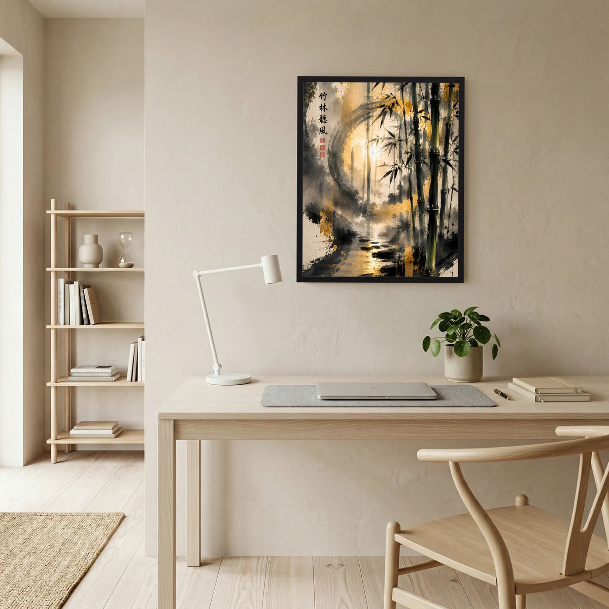 Zen-Kunstposter mit Bambus am Bach, goldene Lichtreflexe, schwarze Rahmung
