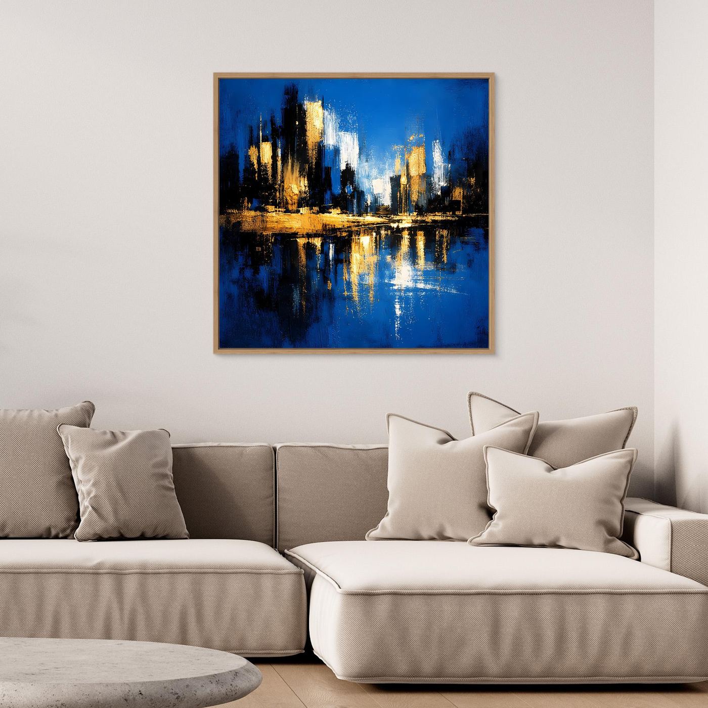 Leinwand Abstrakte Skyline in Blau und Gold | Modernes Großstadt Wandbild mit Spiegelung
