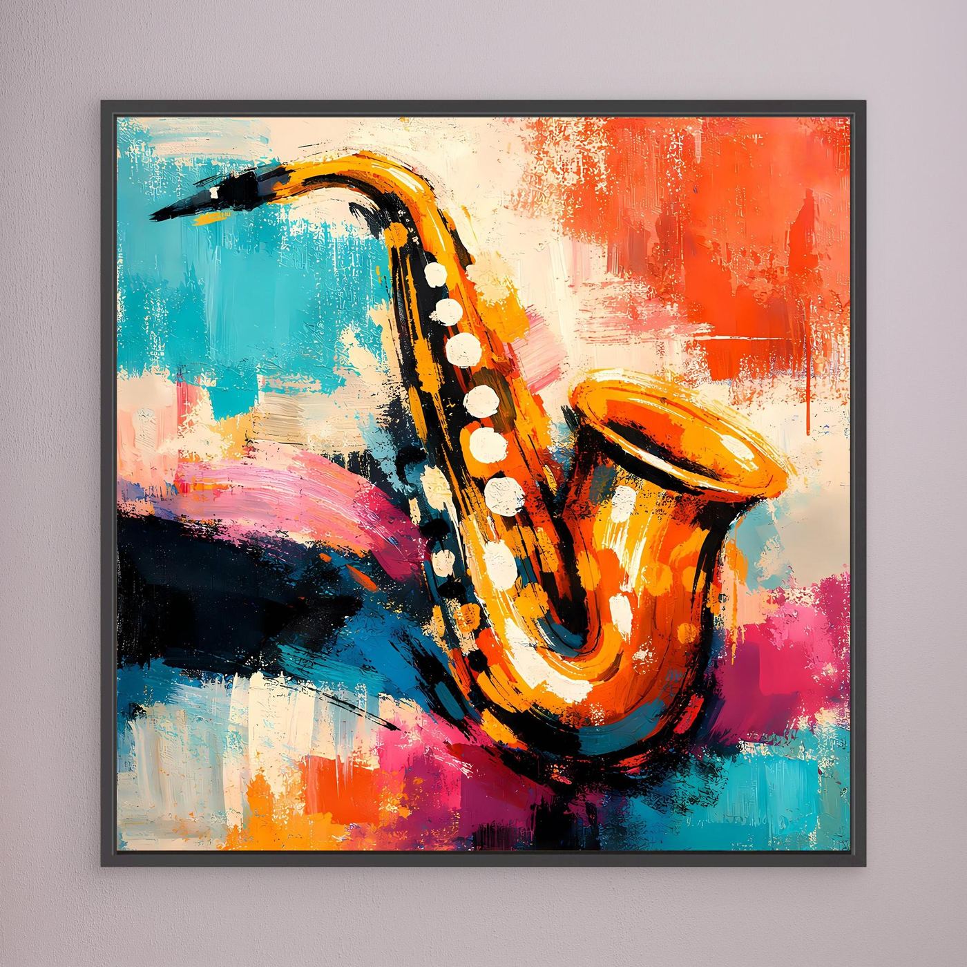 Framed abstract saxophone wall art with colorful paint strokes in blue, red, and orange.