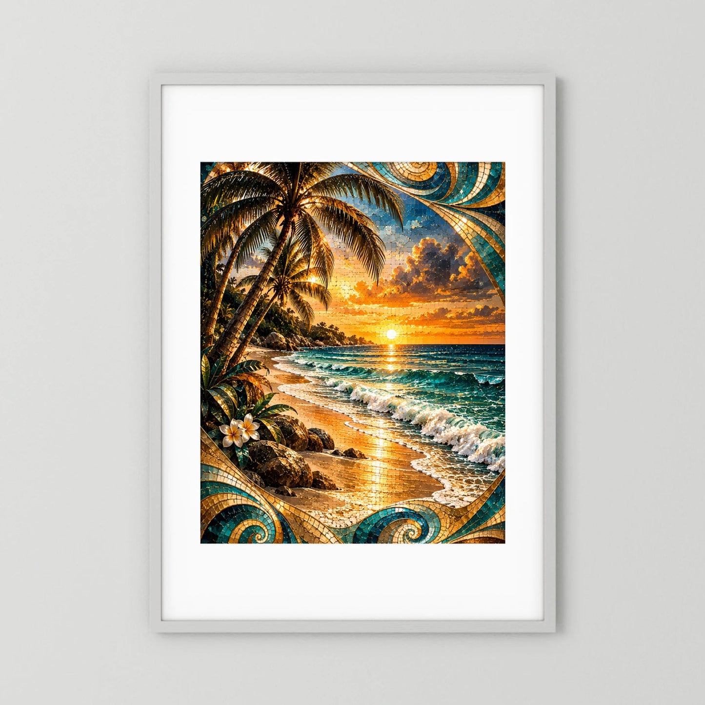 Tropischer Strand bei Sonnenuntergang | Mosaik Kunst in Türkis & Gold | Poster Hochformat