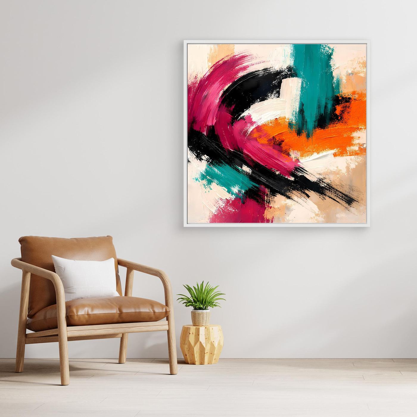 Abstraktes Leinwandbild mit Pinselstrichen in Pink, Grün und Orange, weißer Rahmen