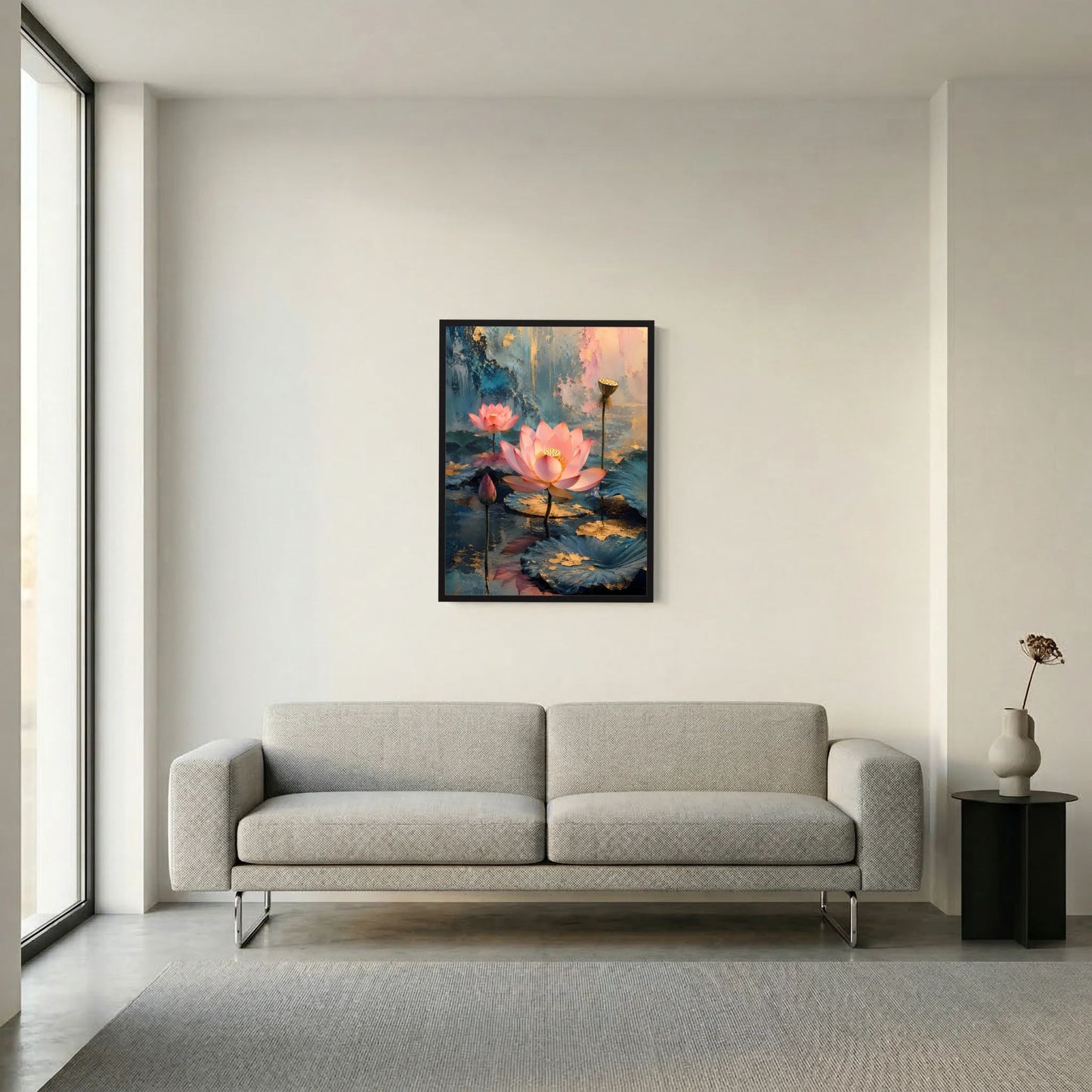 Wandposter im Hochformat mit rosa Lotusblüten auf petrolfarbenem Wasser und goldenen Reflexen, schwarz