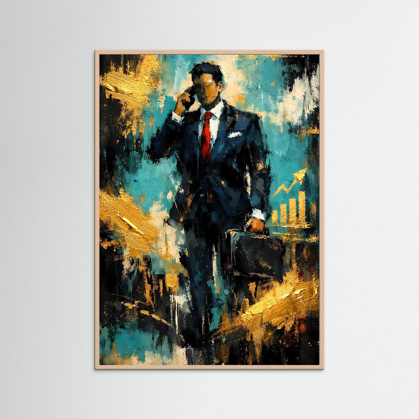 Gerahmtes Kunstposter im Hochformat: abstrakter Geschäftsmann im Anzug mit Aktentasche, Türkis und Gold
