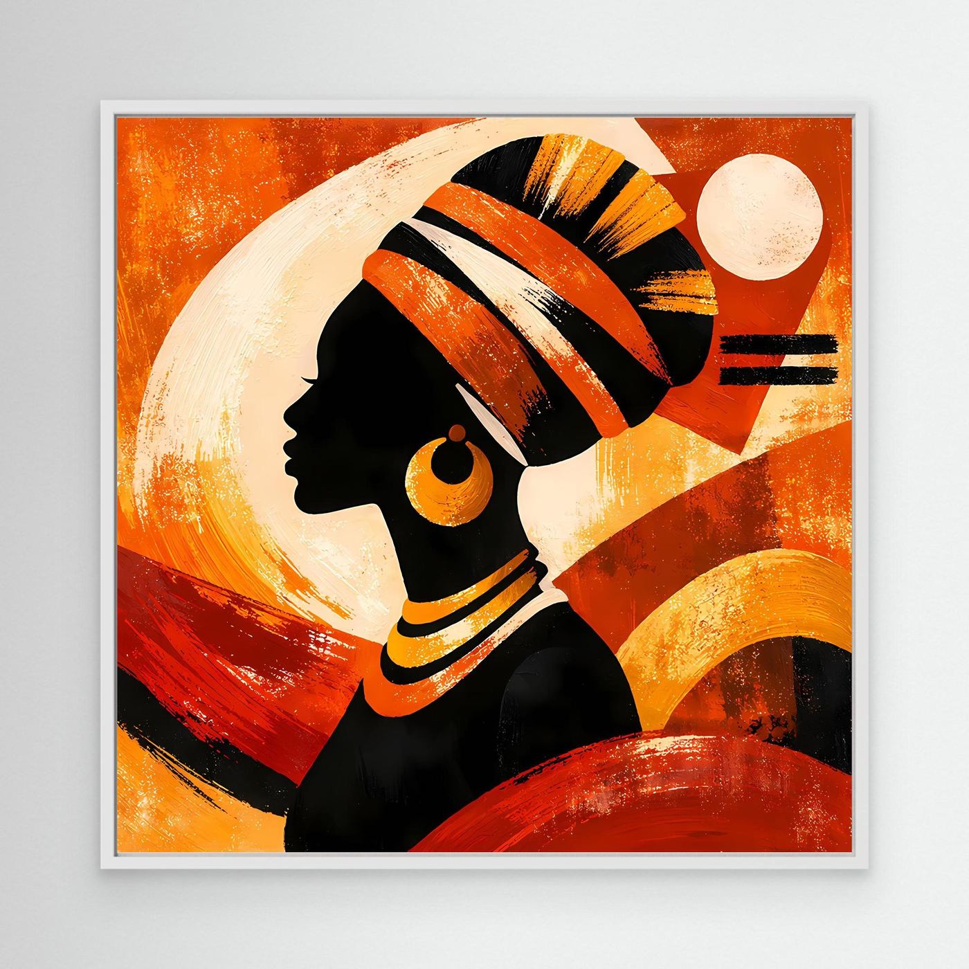 Leinwandbild mit Rahmen: abstrakte Frauensilhouette, Orange-Gold und goldene Linien