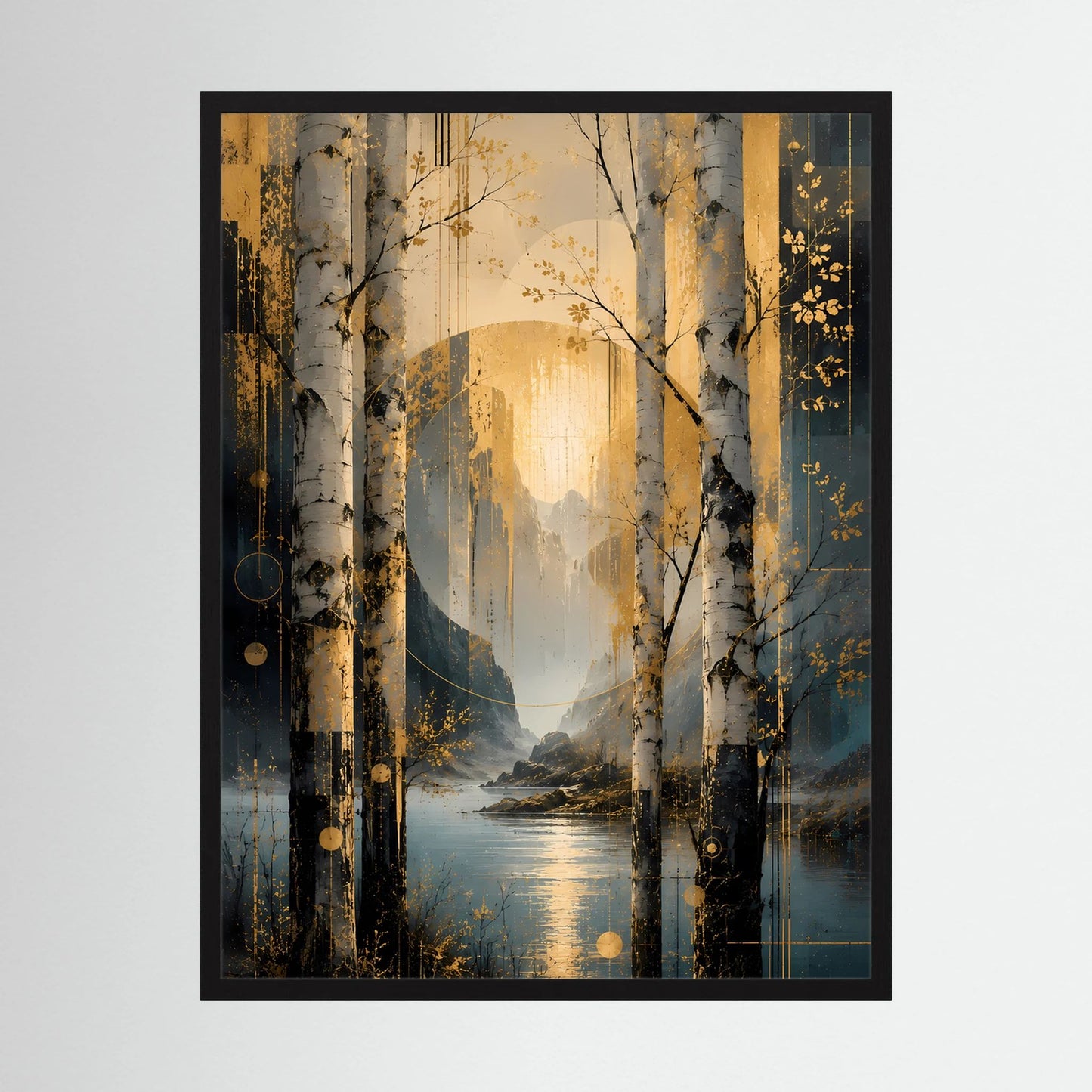 Hochformatiges Wandposter mit abstrakter See-Landschaft, Birken und golden-blauen Farbakzenten