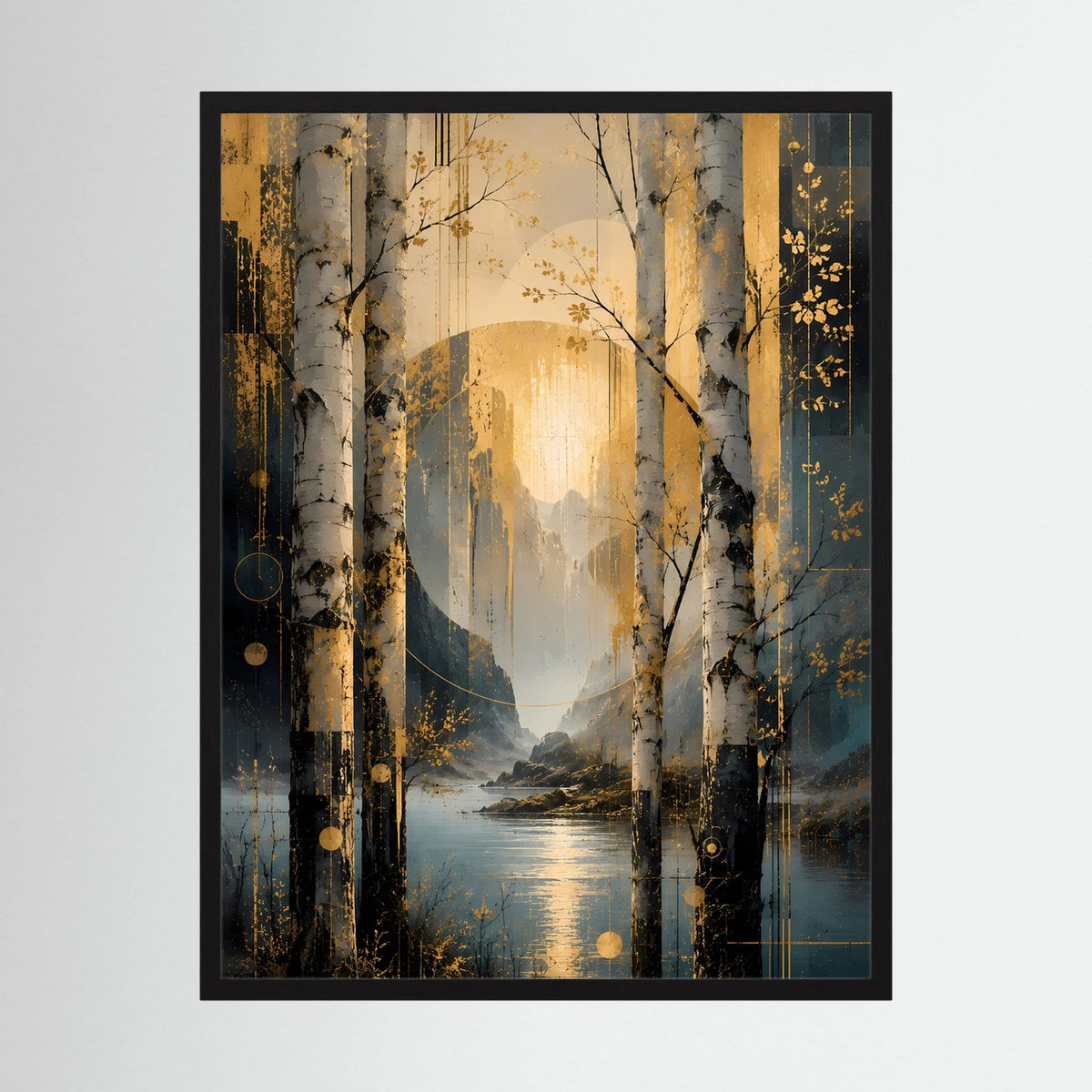 Hochformatiges Wandposter mit abstrakter See-Landschaft, Birken und golden-blauen Farbakzenten