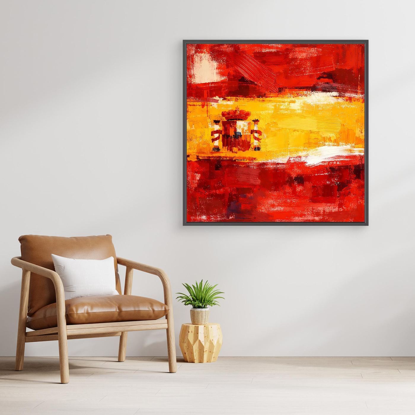 Abstract red and yellow brushstroke flag canvas wall art with crest-like emblem, square
