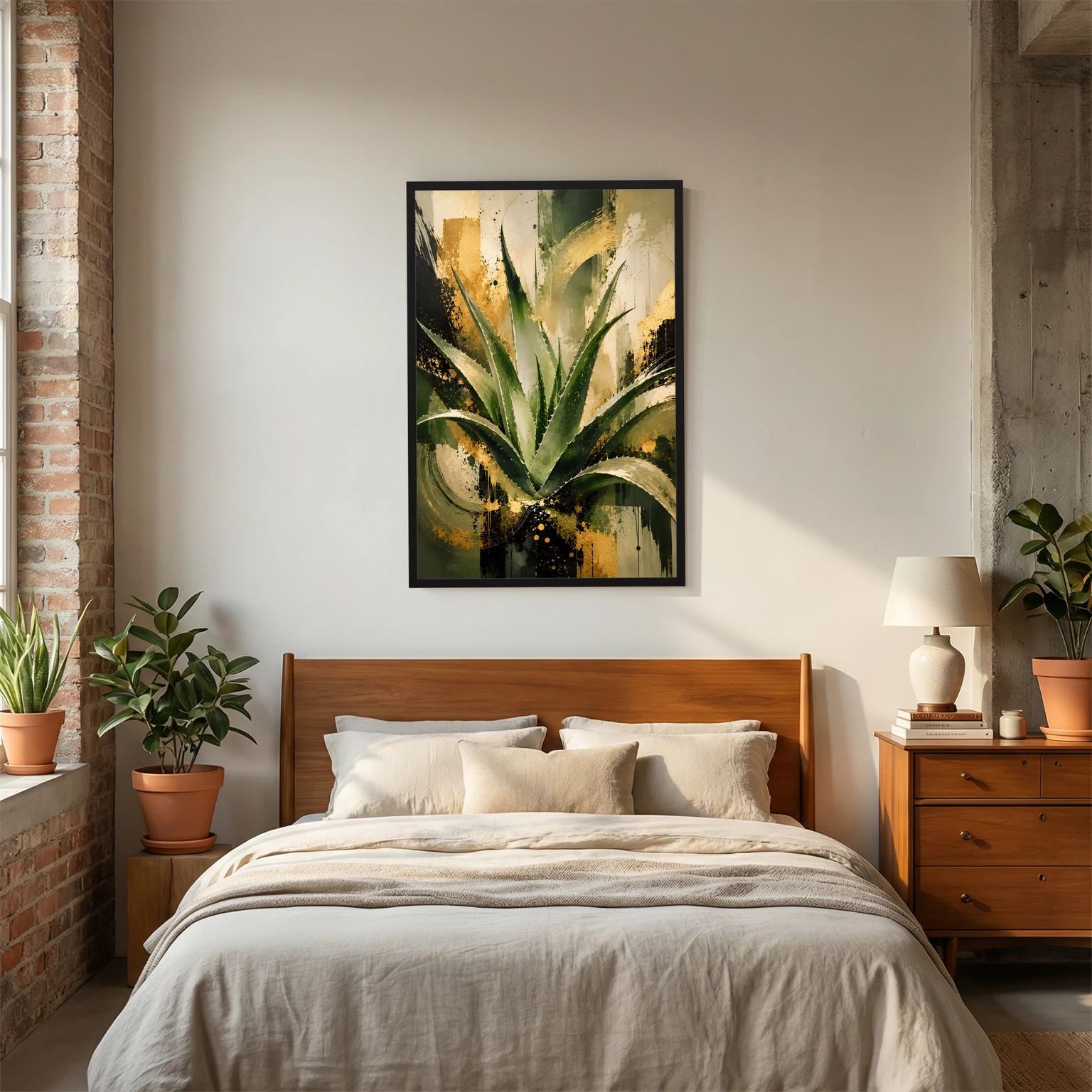 Aloe-Vera-Wandposter mit abstrakter Pflanze in Grün und Gold im schwarzen Rahmen