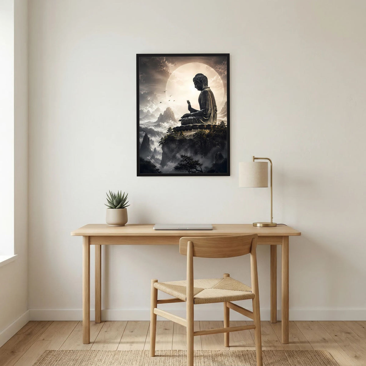 Poster mit sitzendem Buddha über Wolken, schwarz gerahmt, Hochformat