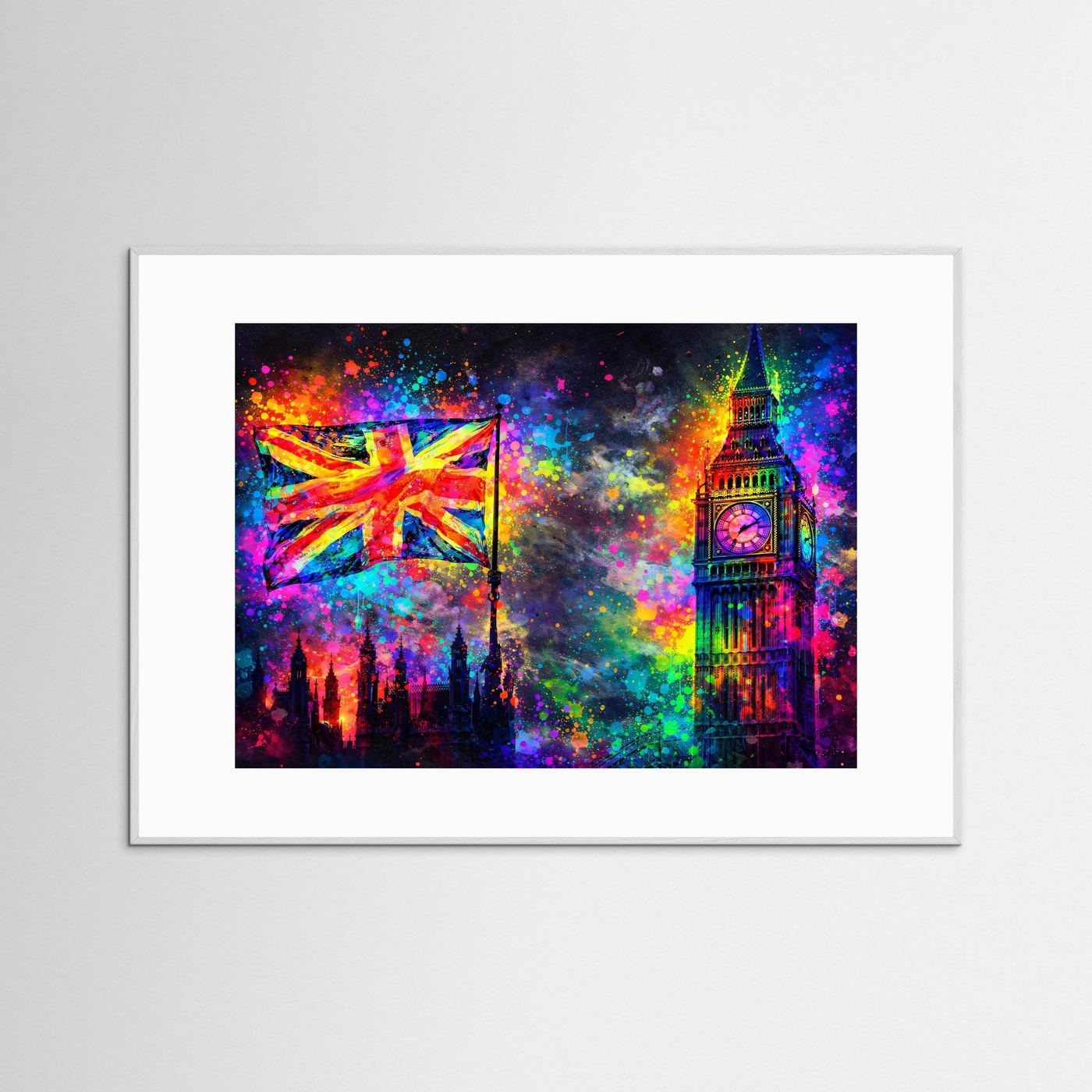 Poster Big Ben und Union Jack im Neon-Pop-Art, in weißem Rahmen