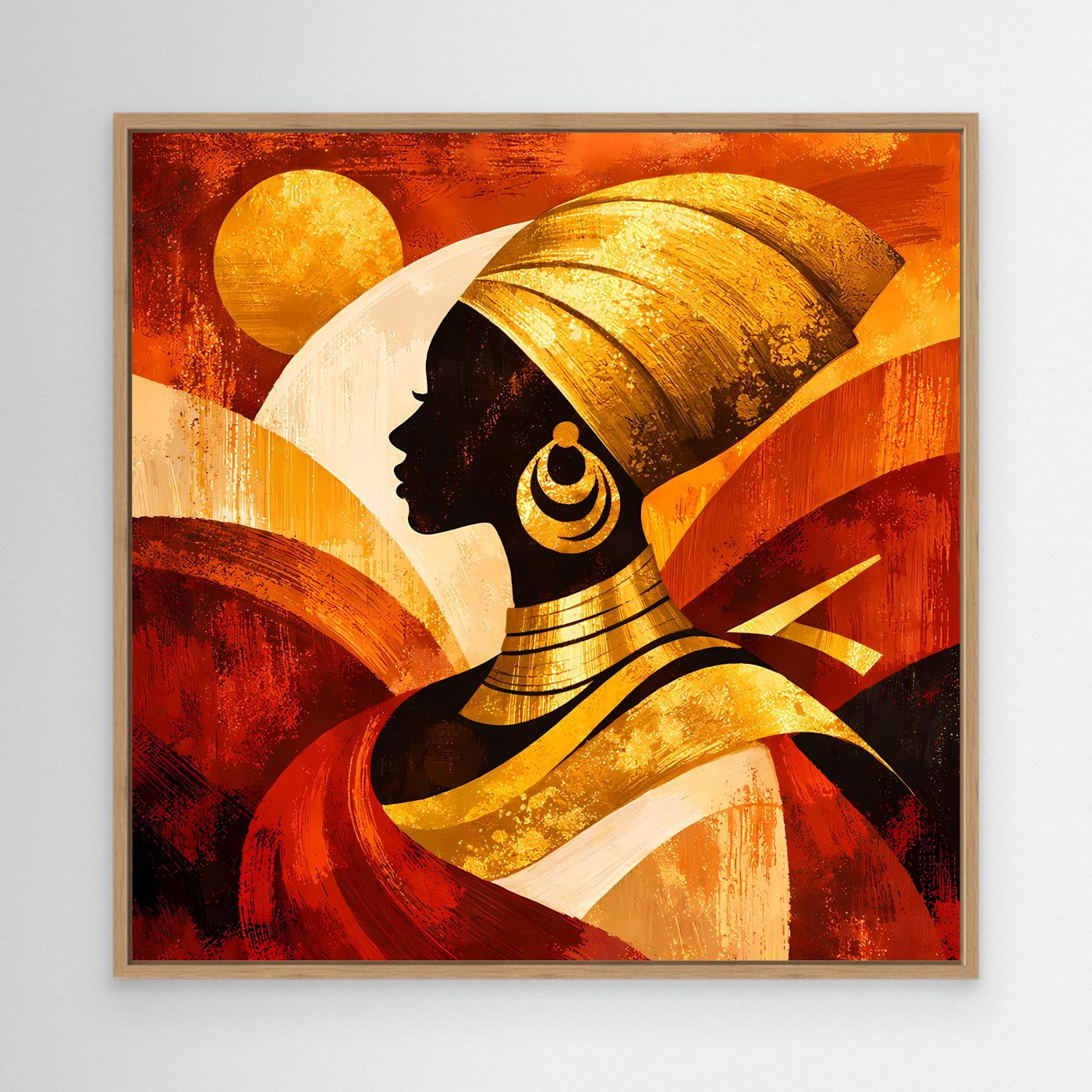 Leinwandbild mit Frauen-Silhouette im Profil, goldene Ornamente, im hellbraunen Rahmen