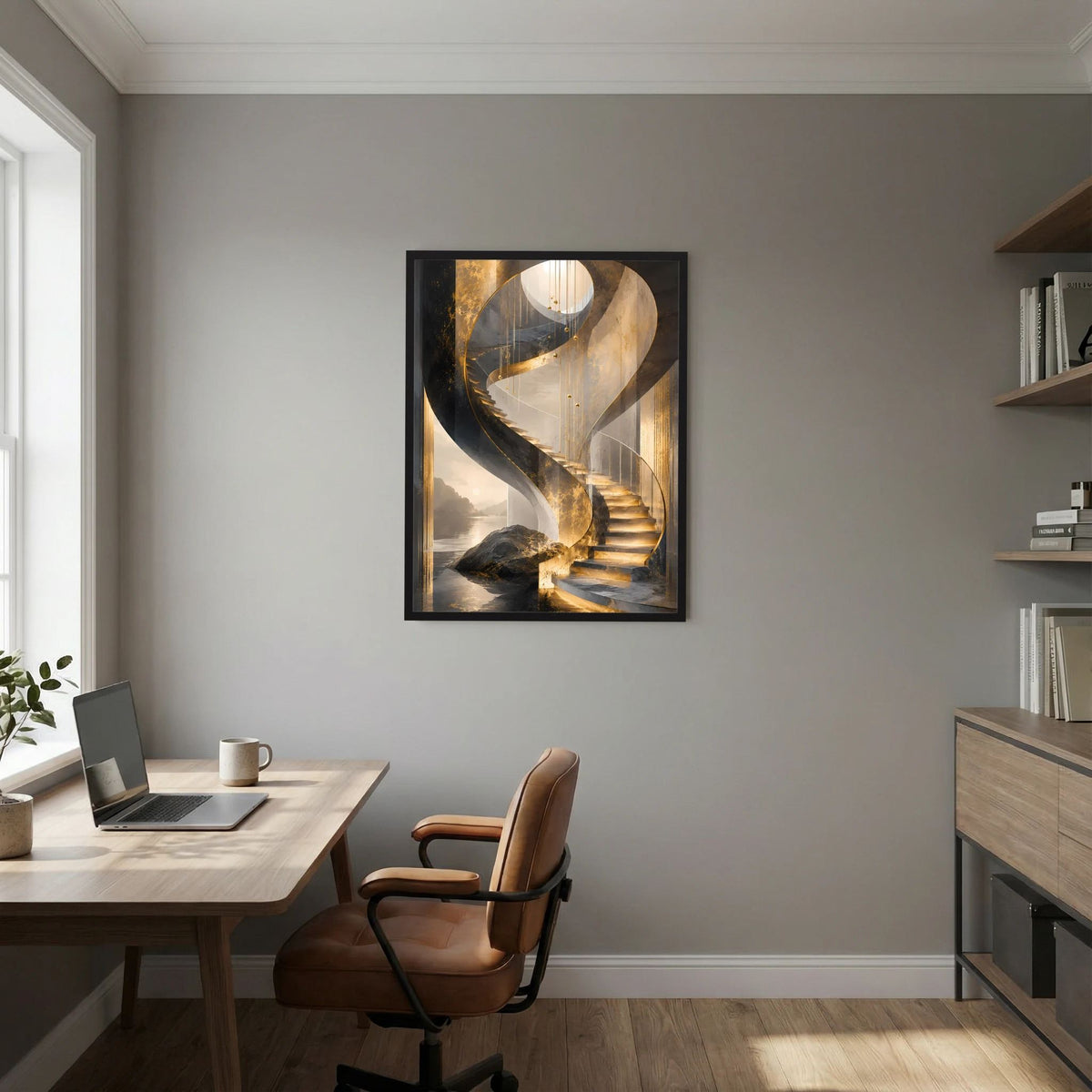 Gerahmtes Poster mit goldener Wendeltreppe und Lichtstrahlen, abstraktes Architekturmotiv