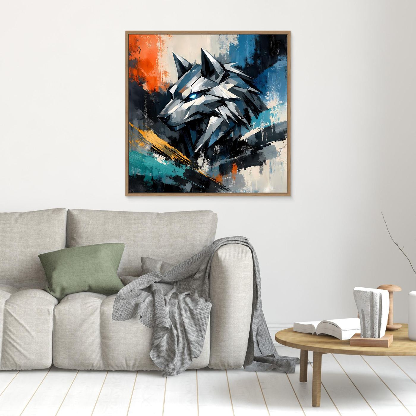 Leinwand-Wandbild mit geometrischem Cyber-Wolf, brauner Holzrahmen