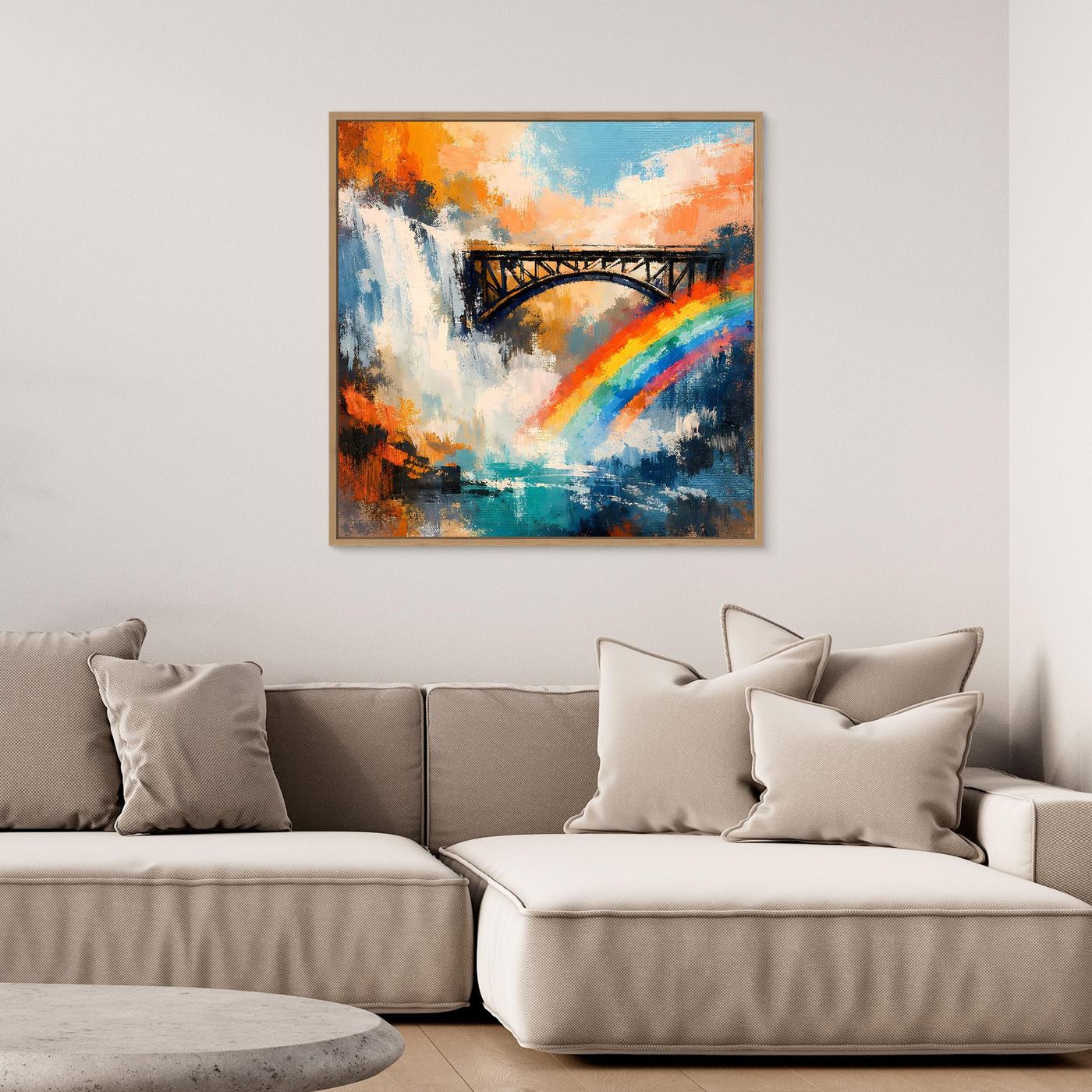 Wandbild mit Wasserfall, Brücke und Regenbogen, rechteckig, brauner Rahmen