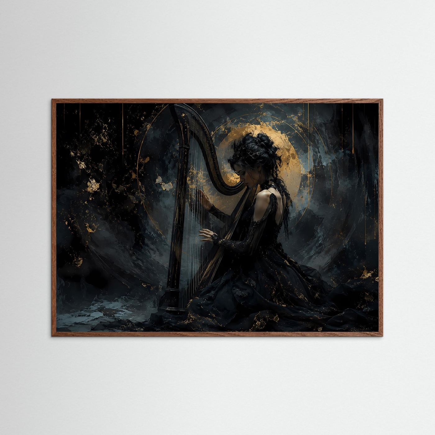 Elegante Harfenistin in Schwarz & Gold | Musik & Fantasy-Wandbild