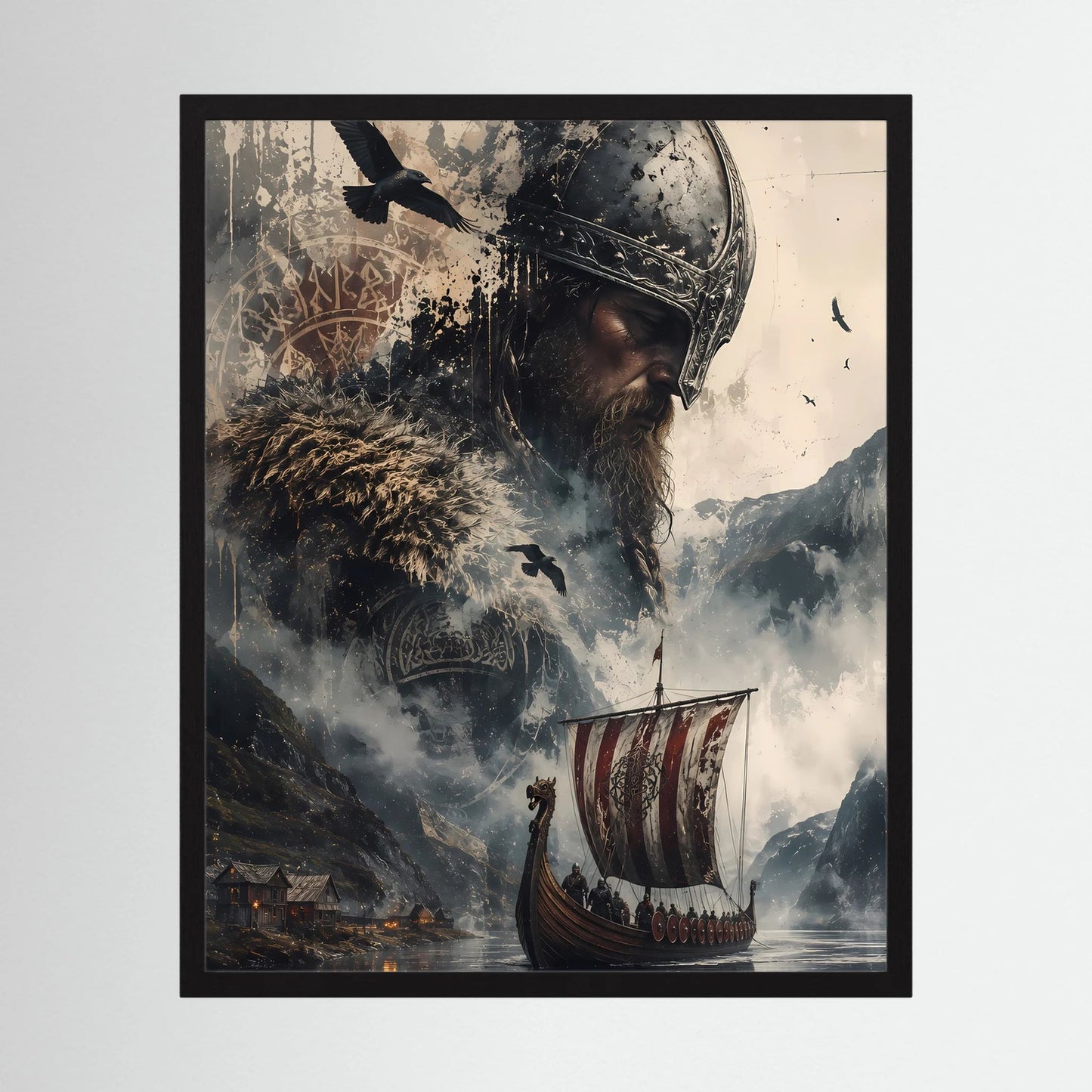 Gerahmtes Hochformat-Poster mit Wikingerhelm, Rabe und Langschiff in nordischer Szene