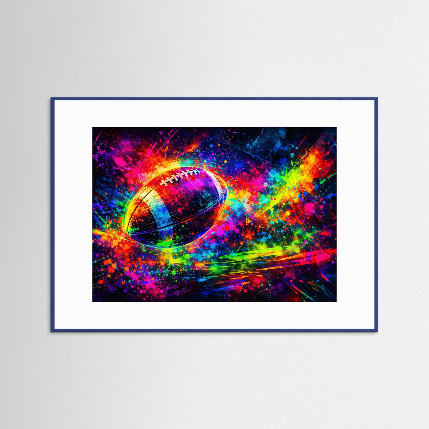 Sportposter mit Fußball-Neon-Artprint im blauen Rahmen