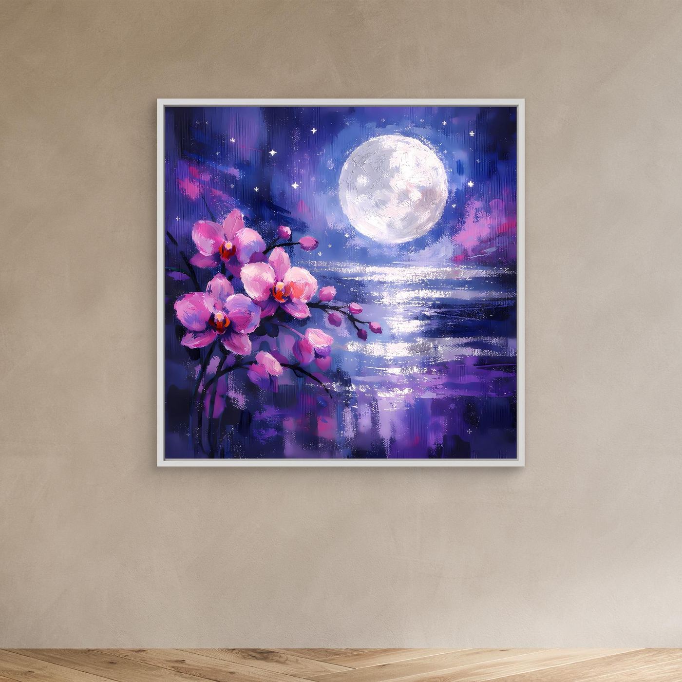 Wandbild auf Leinwand mit rosa Orchideenblüten, Vollmond über Wasser; weißer Rahmen