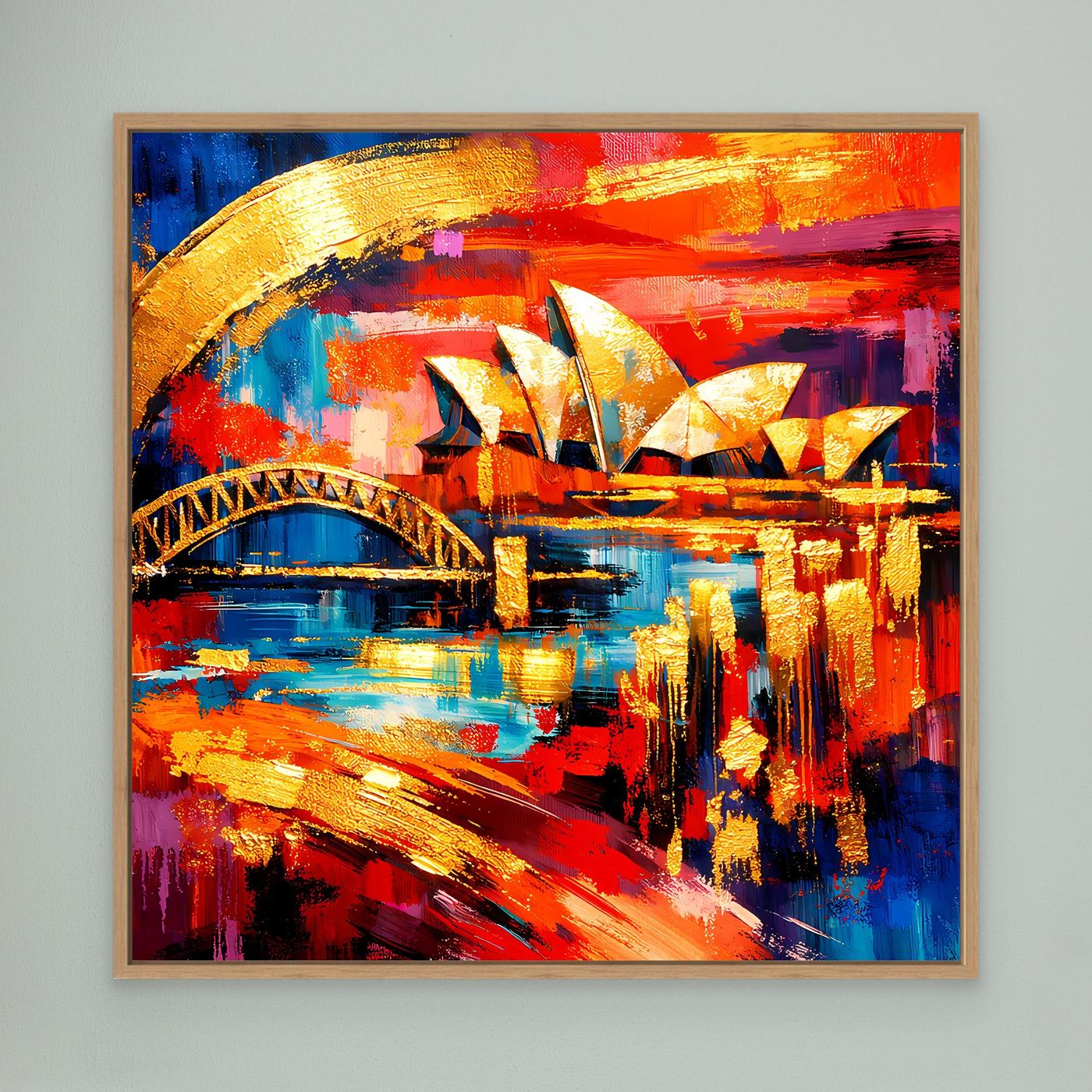 Leinwandbild im Eichenrahmen mit abstrakter Skyline, Opernhaus-Segeln und Harbour-Bridge-Bogen