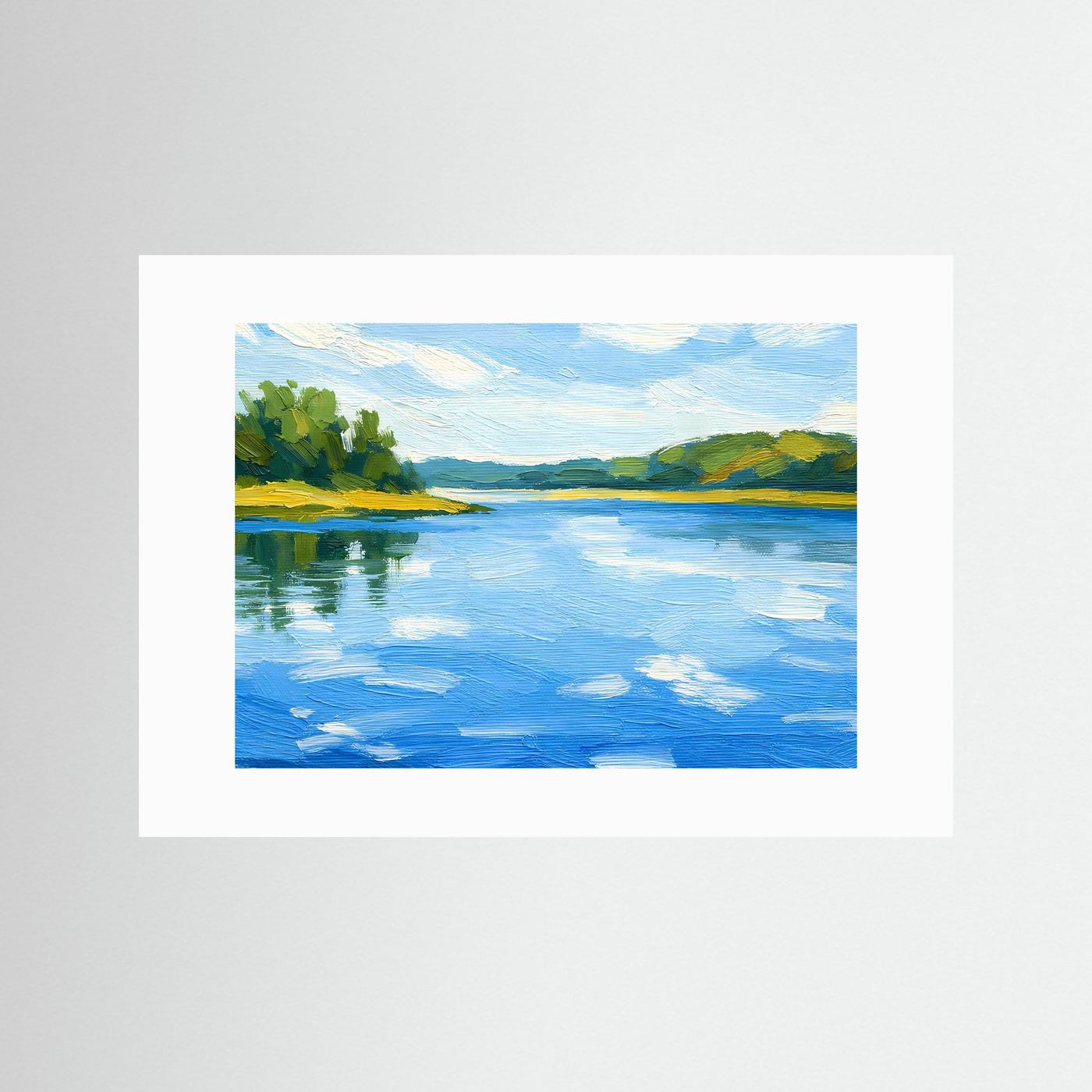 Wandbild Landschaft mit Fluss, grünen Ufern und blauem Himmel, weißer Rand