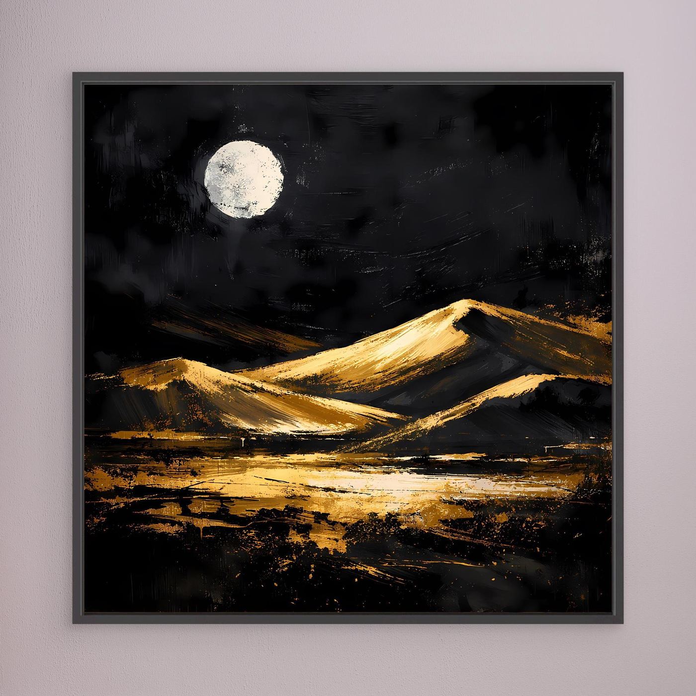 Leinwand Goldene Wüstendünen bei Vollmond | Modernes Abstraktes Landschafts Wandbild