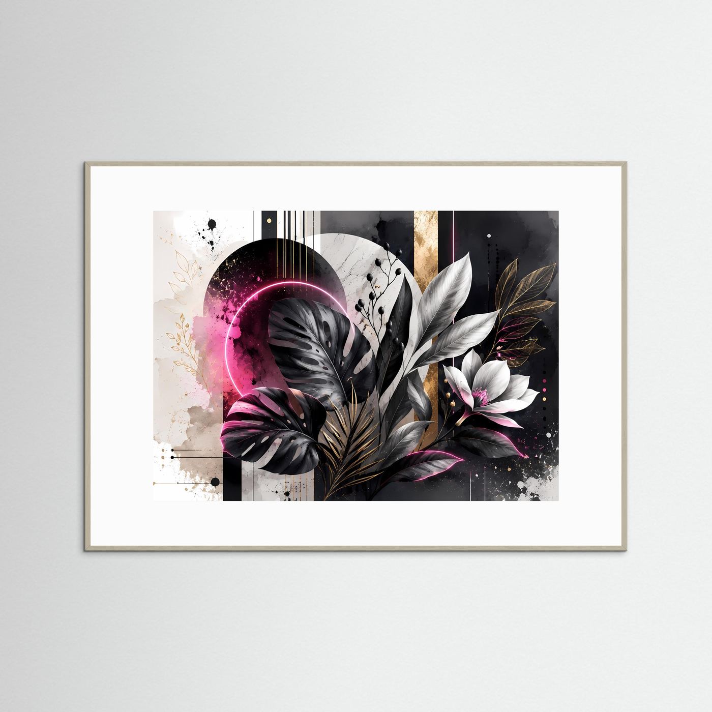 Abstrakte Botanik in Schwarz, Weiß & Pink | Monstera mit Neon & Gold – Moderne Wandkunst