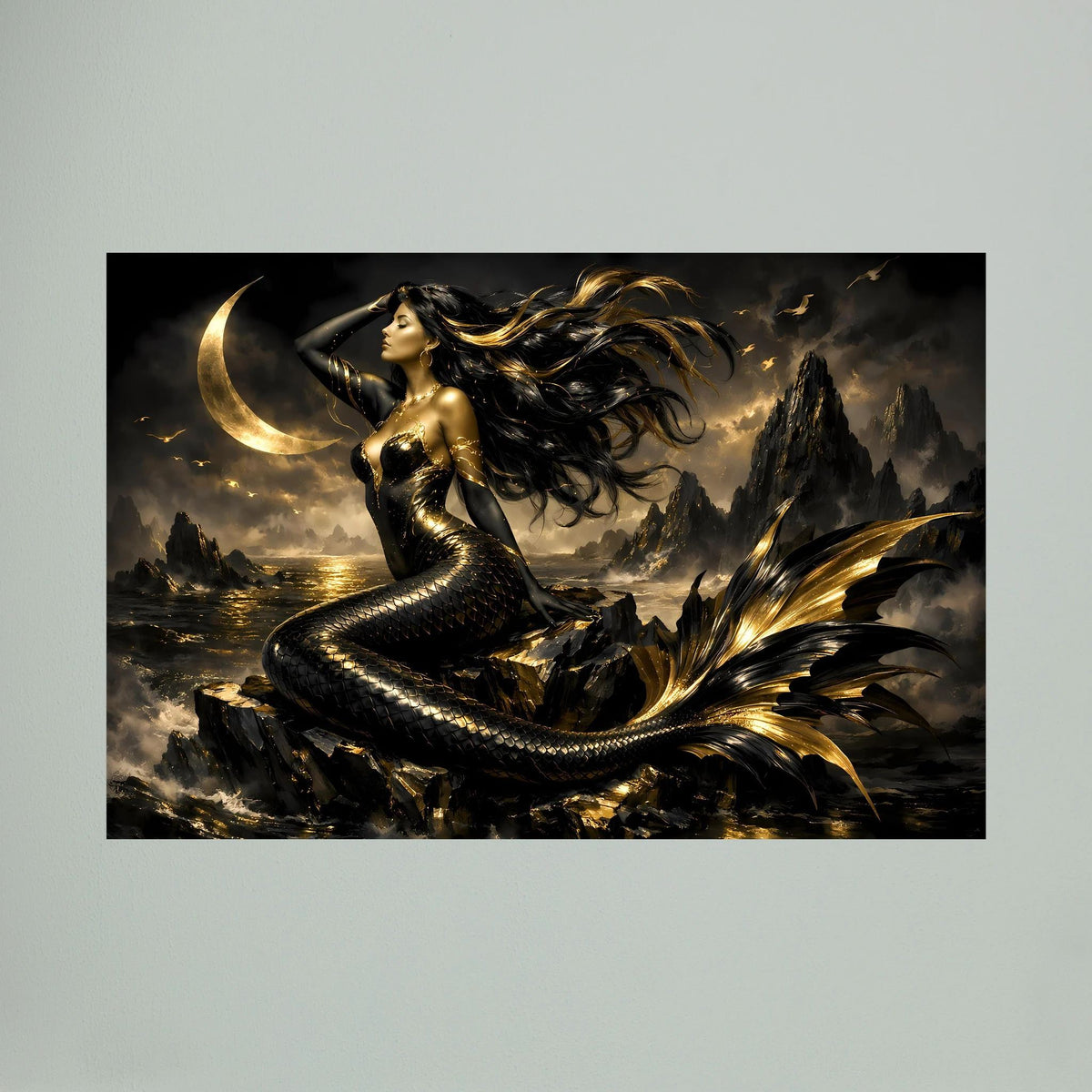 Fantasy-Wandbild im Querformat mit Meerjungfrau, Mondschein und goldenen Wellen im Dunkelblau