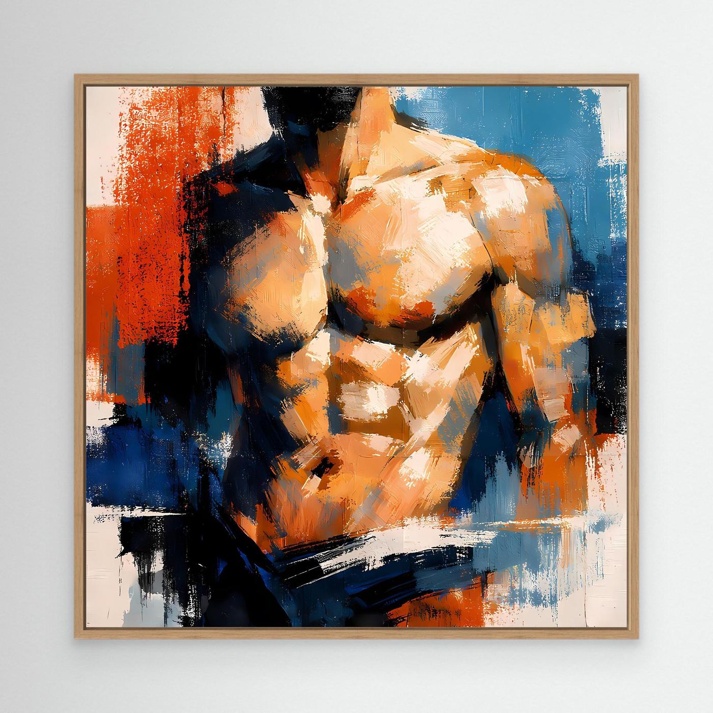 Athletic male torso canvas wall art with oak frame, blue orange and black abstract strokes