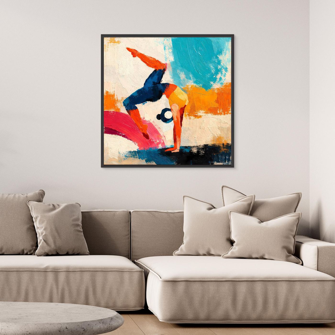 Black-framed handstand yoga figure wall art with abstract multicolor brushstrokes